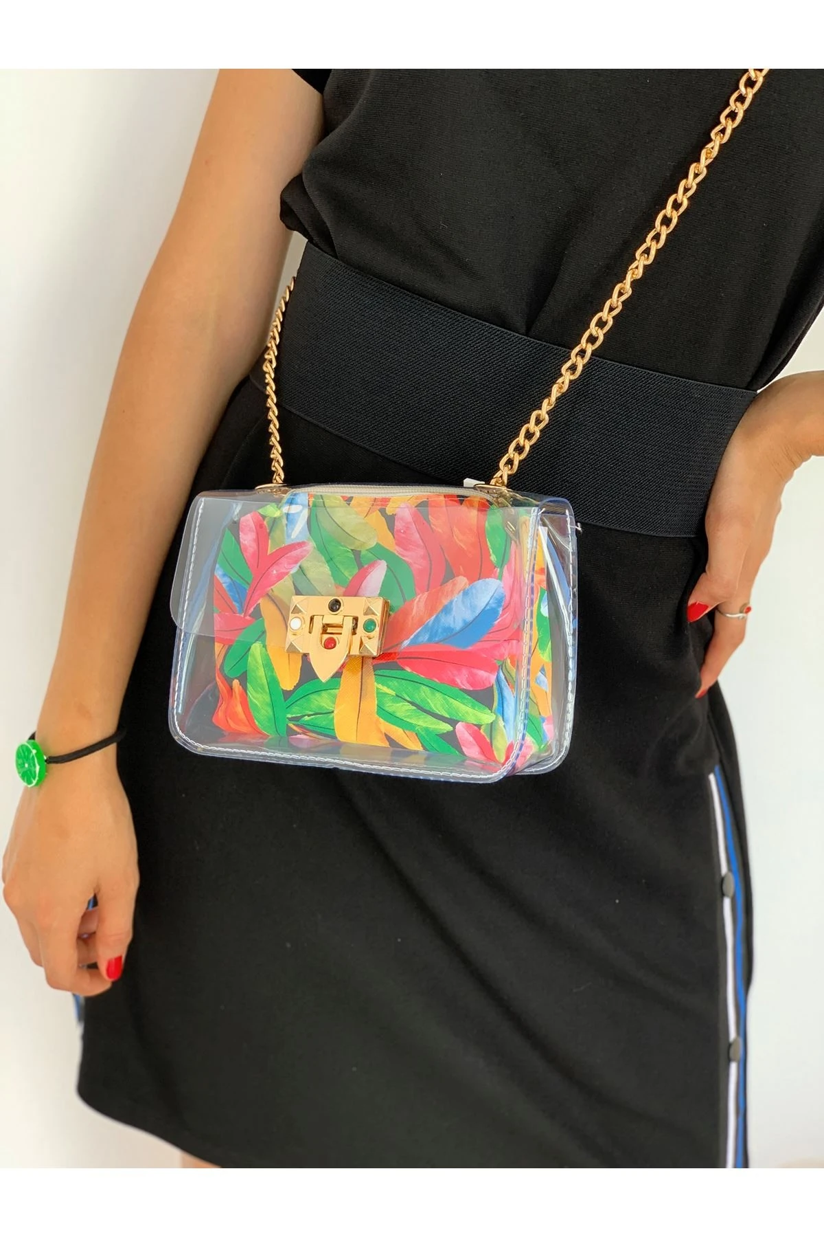 yaprak desenli küçük şeffaf çanta