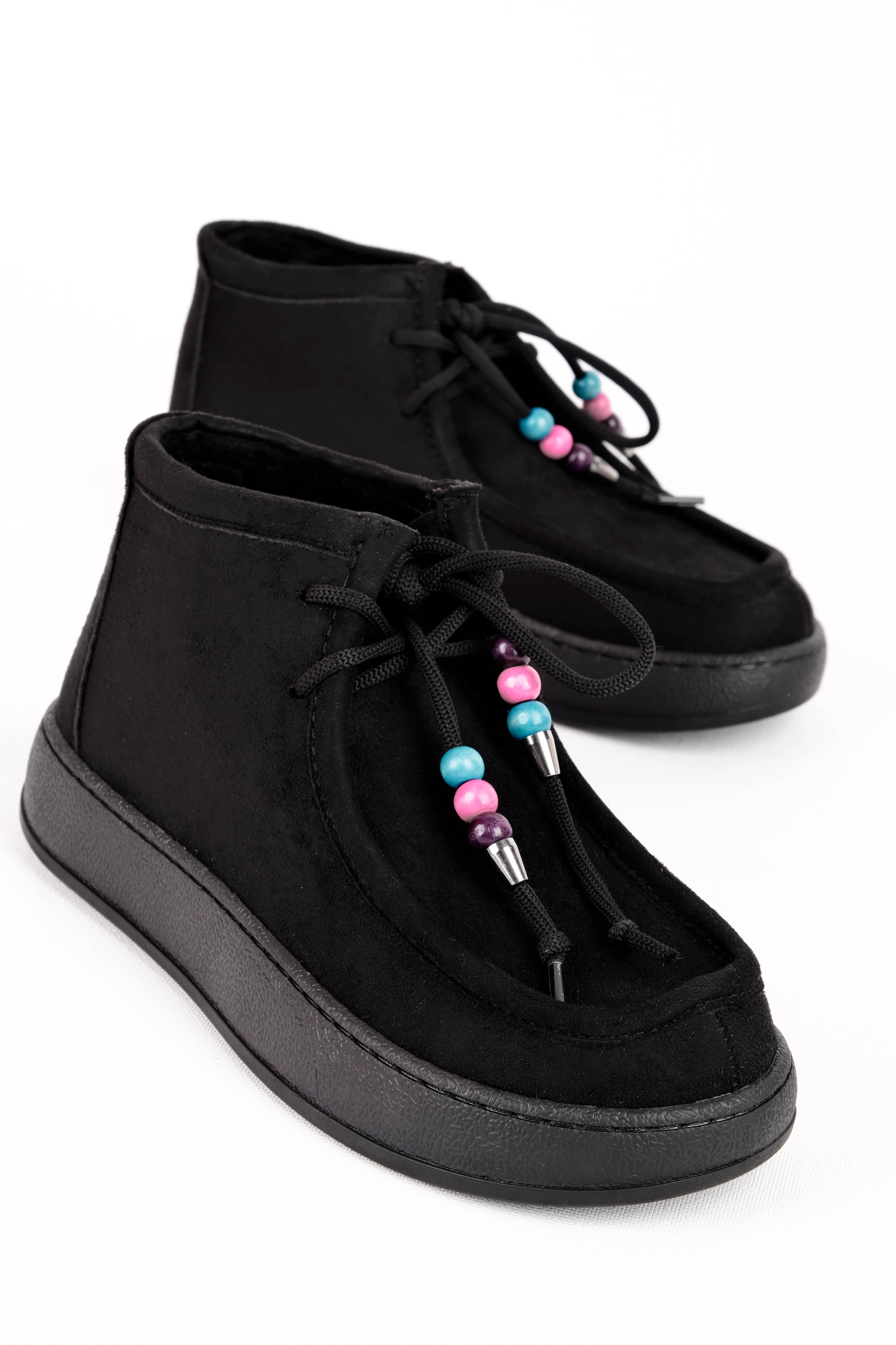 Merchant Kadın Renkli Boncuklu Bağcıklı Nubuk Loafer Ayakkabı 4300 - SİYAH