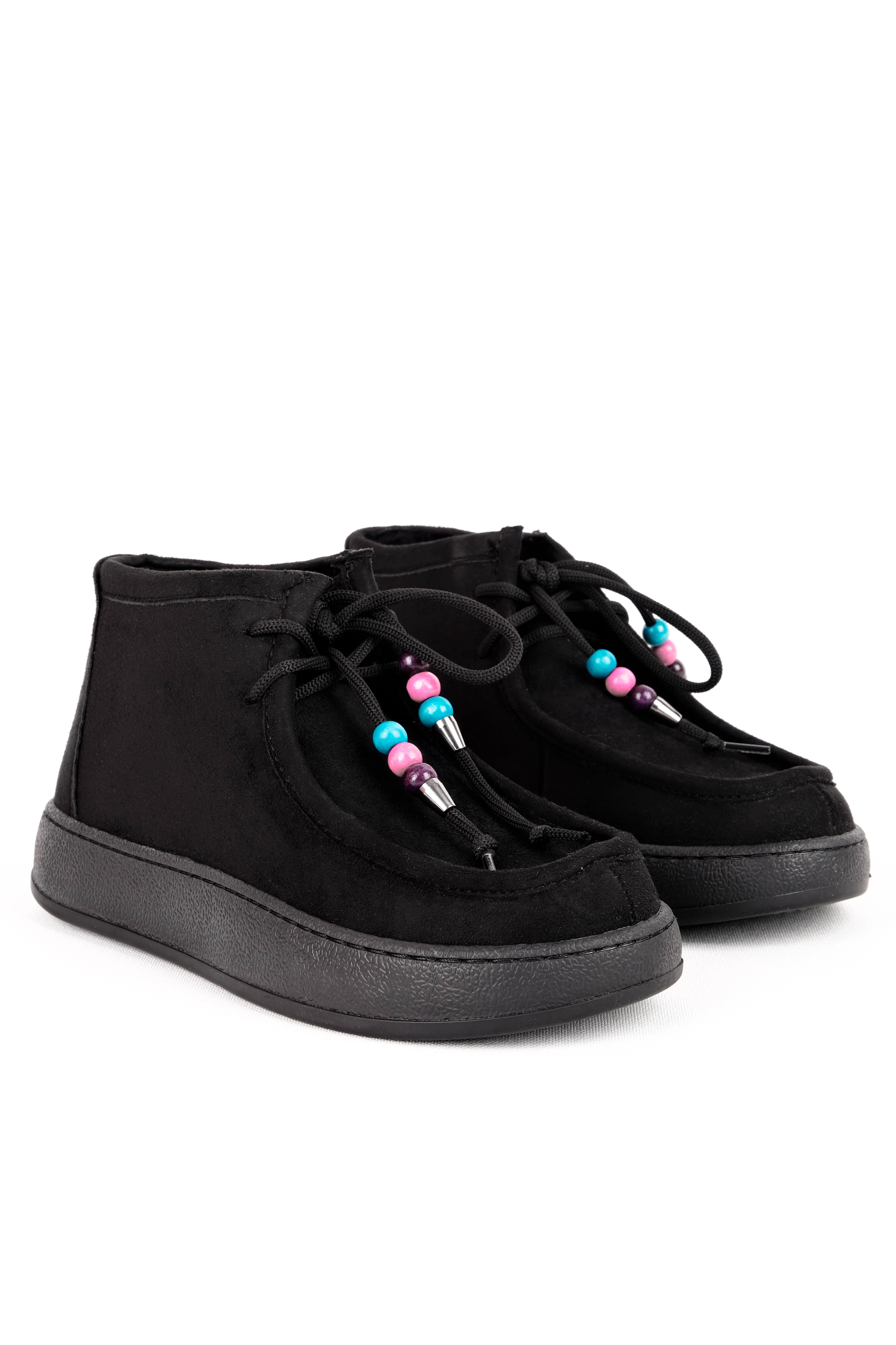 Merchant Kadın Renkli Boncuklu Bağcıklı Nubuk Loafer Ayakkabı 4300 - SİYAH