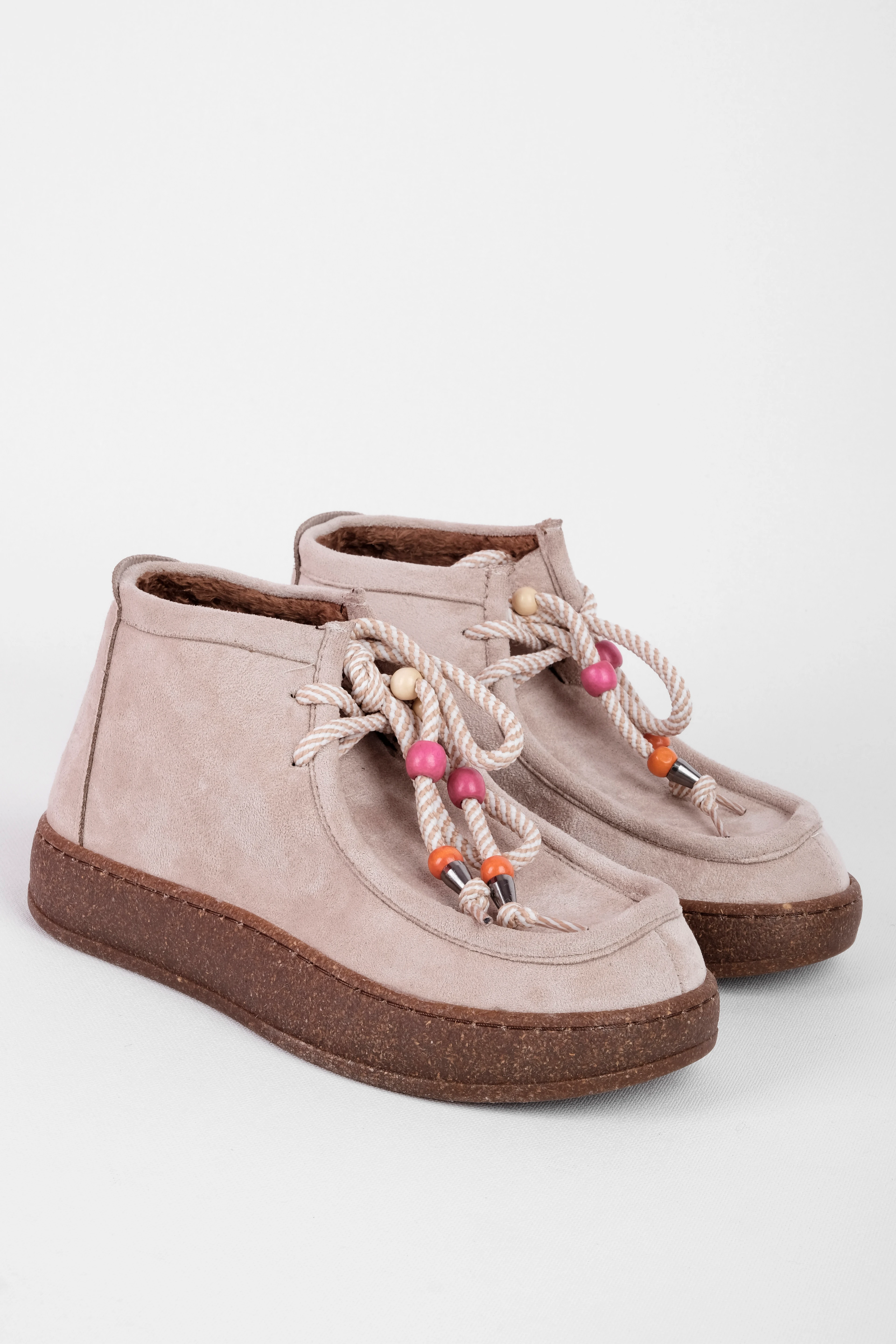 Merchant Kadın Renkli Boncuklu Bağcıklı Nubuk Loafer Ayakkabı 4300 - Krem