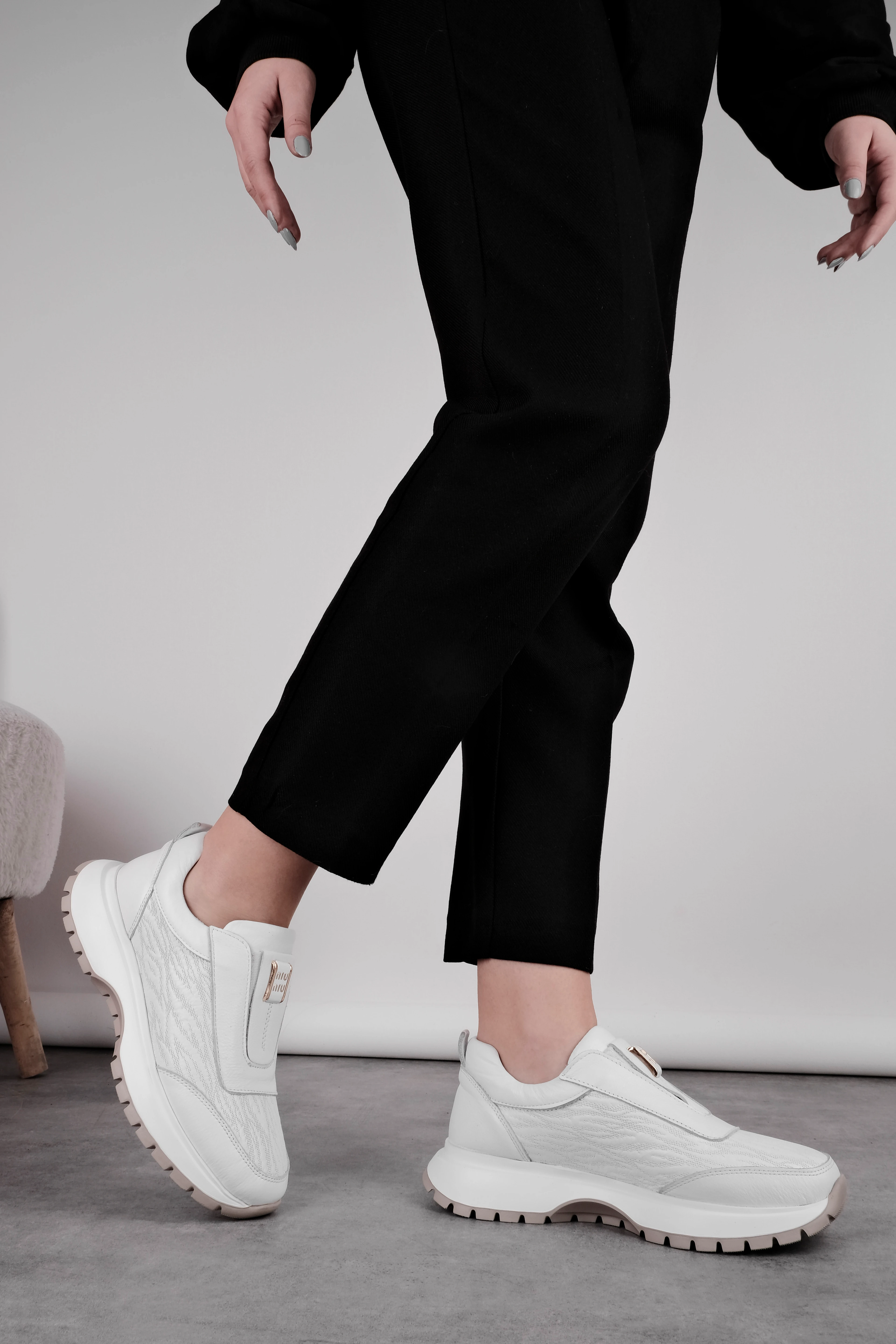 Zarex Kadın Hakiki Deri Lastik Detaylı Dikişli Spor Ayakkabı 4296 - beyaz