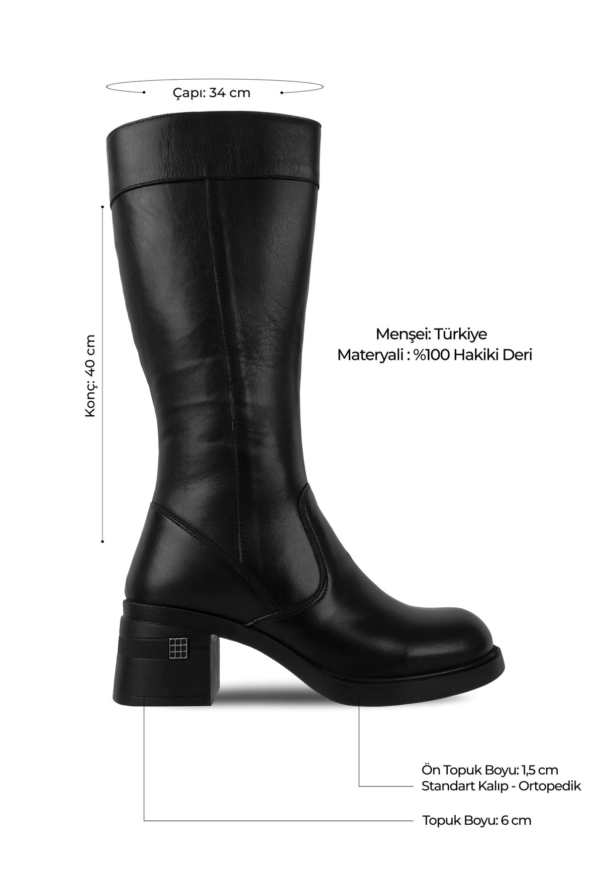 Sheldon Kadın Hakiki Deri Fermuarlı Topuklu Çizme