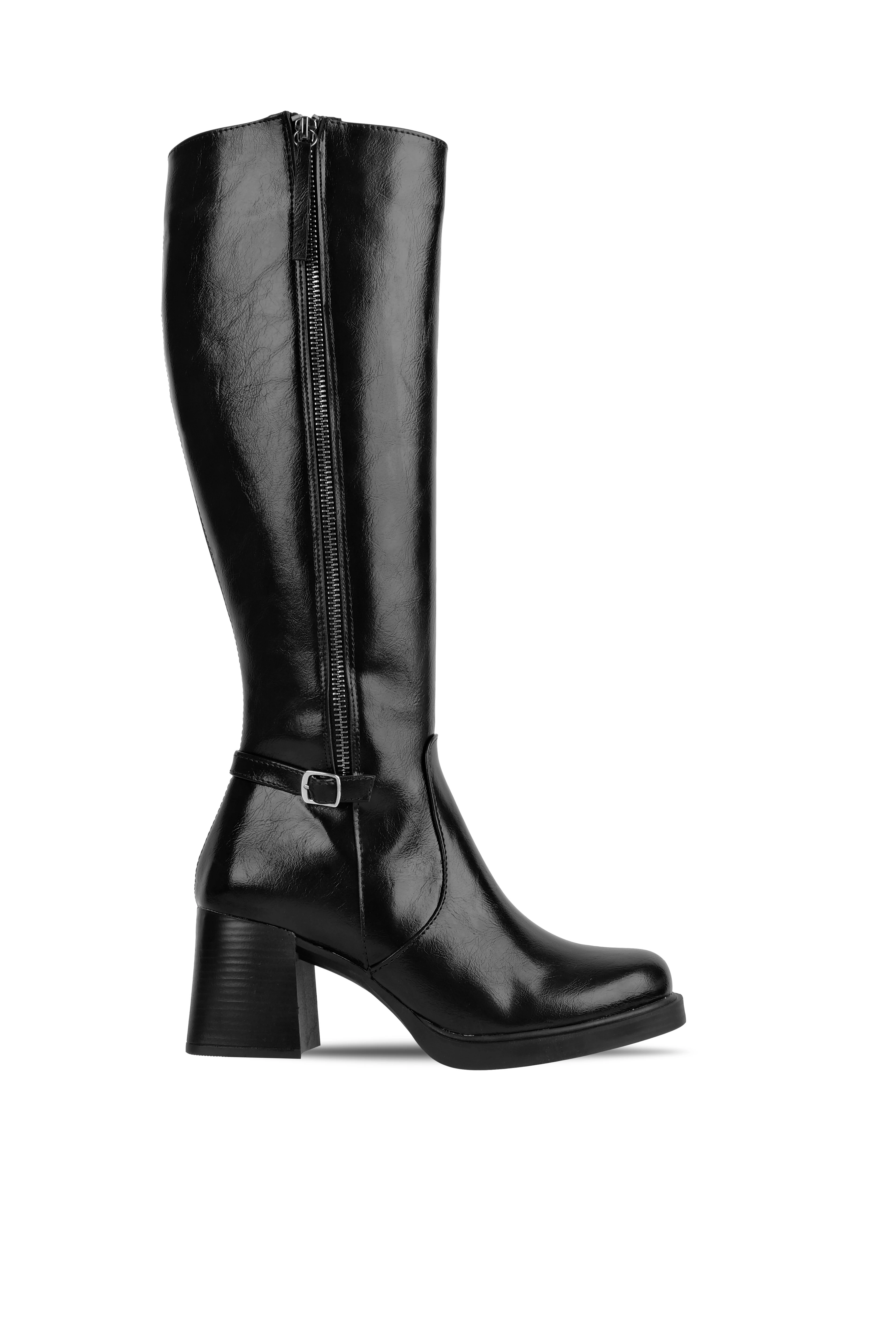 Monast Kadın Kemerli Fermuar Detaylı Topuklu Çizme 4293 - R.SİYAH