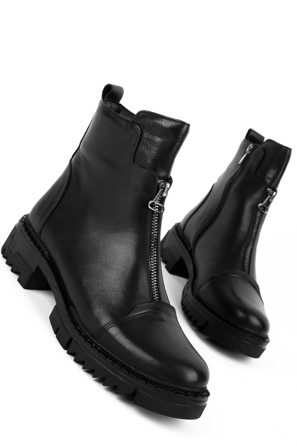 Videas Kadın Hakiki Deri Fermuar Detaylı Dikiş Detaylı Bot - SİYAH