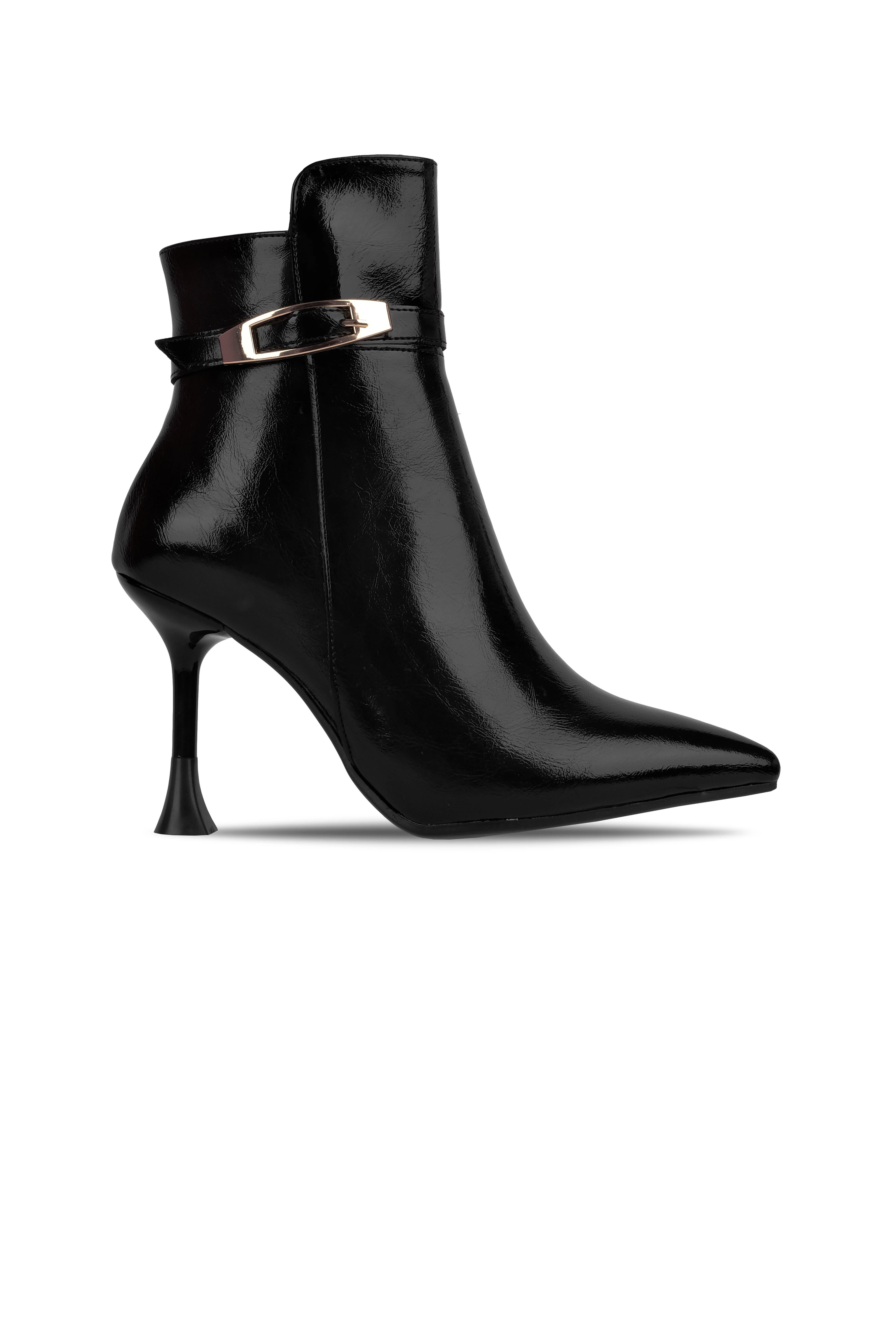 Building Kadın Gold Toka Detaylı Sivri Burunlu İnce Topuklu Bot B4284 - R.SİYAH