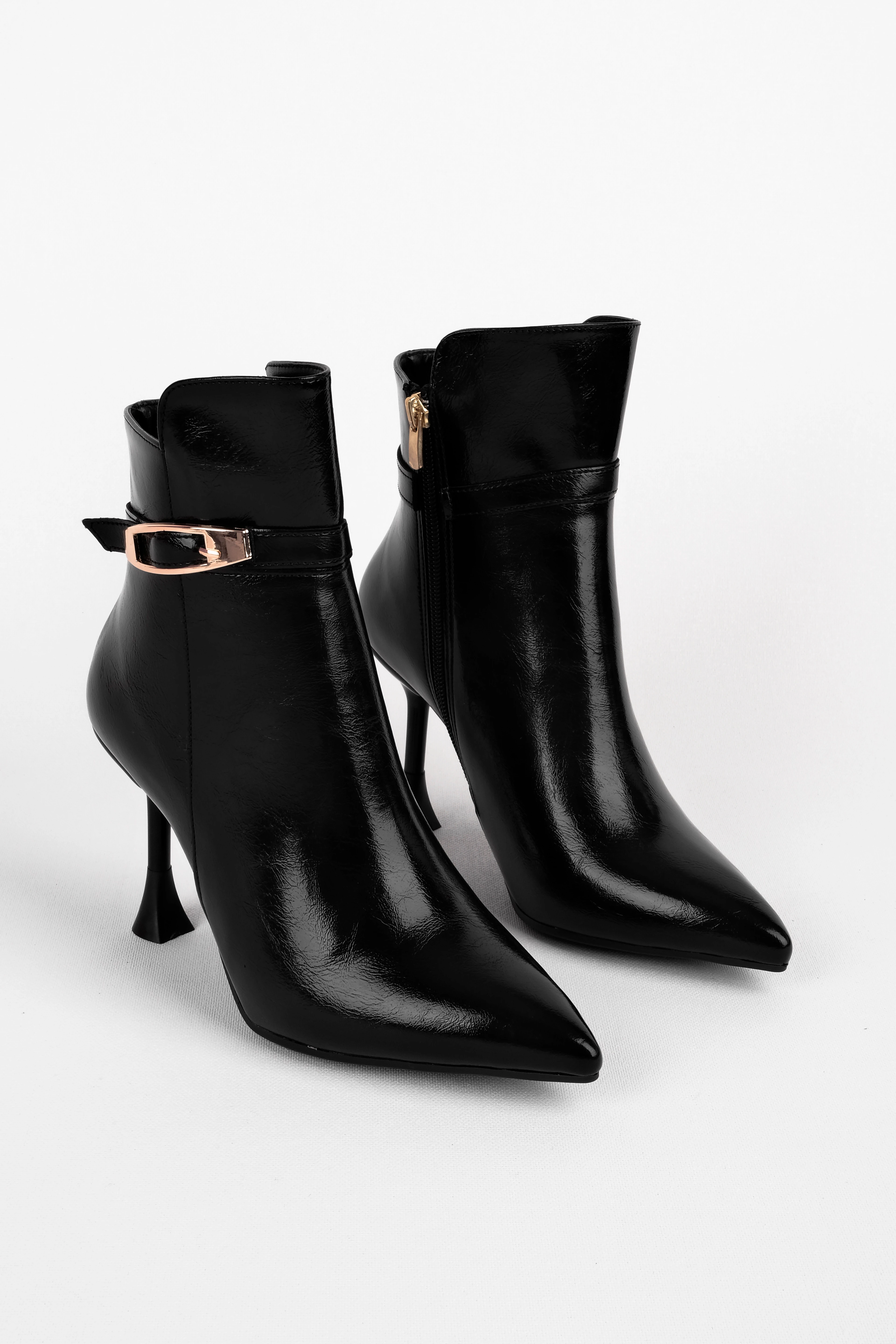 Building Kadın Gold Toka Detaylı Sivri Burunlu İnce Topuklu Bot B4284 - R.SİYAH