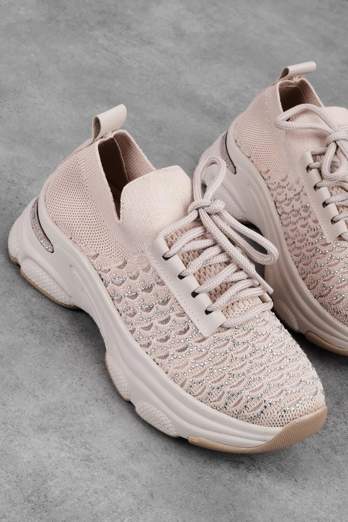 Nylon Kadın Bağcıklı Taş Detaylı Triko Spor Ayakkbı 3727 - VİZYON