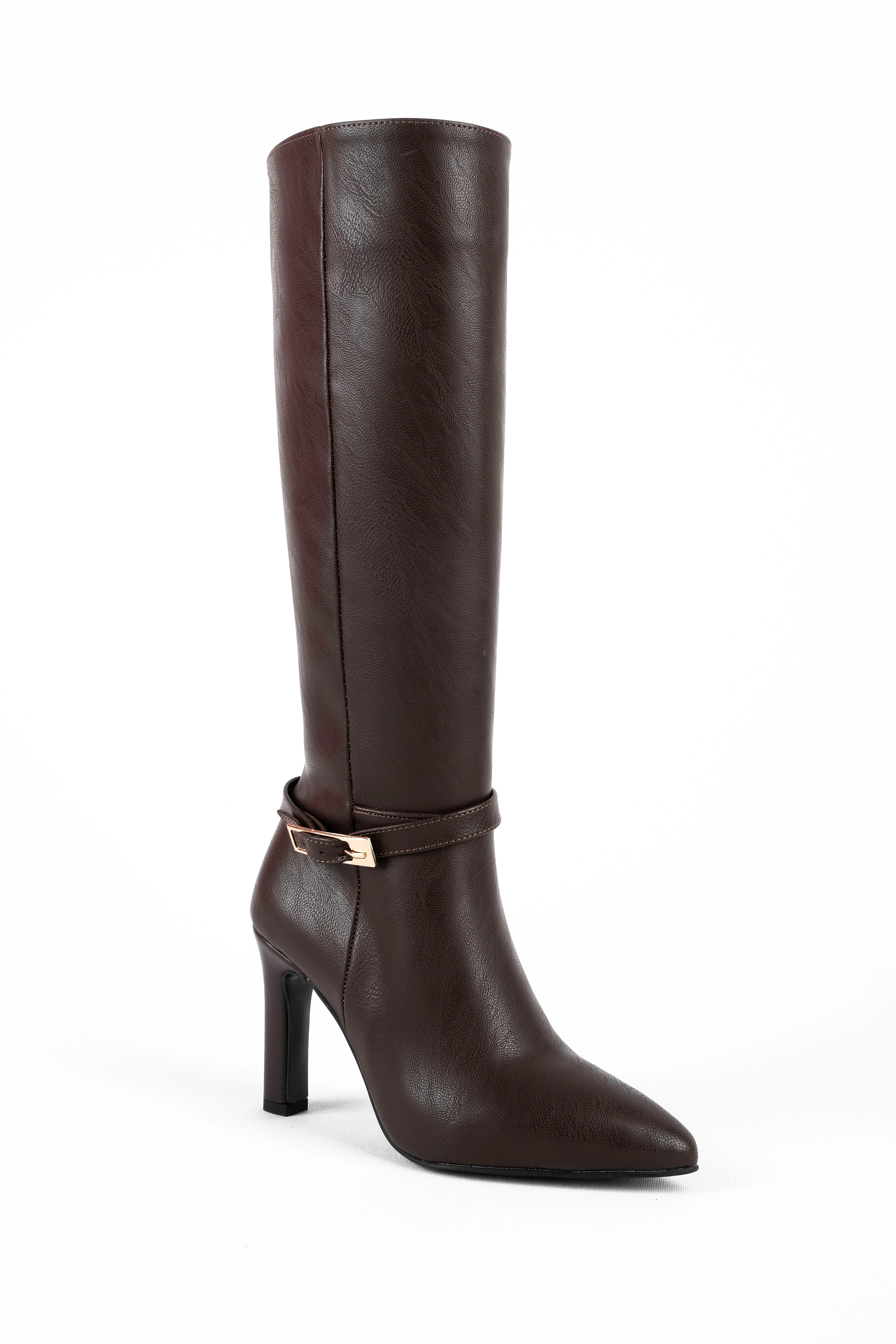 Bianna Kadın Gold Toka Detaylı Sivri Burunlu İnce Topuklu Çizme b4218 - KAHVERENGİ