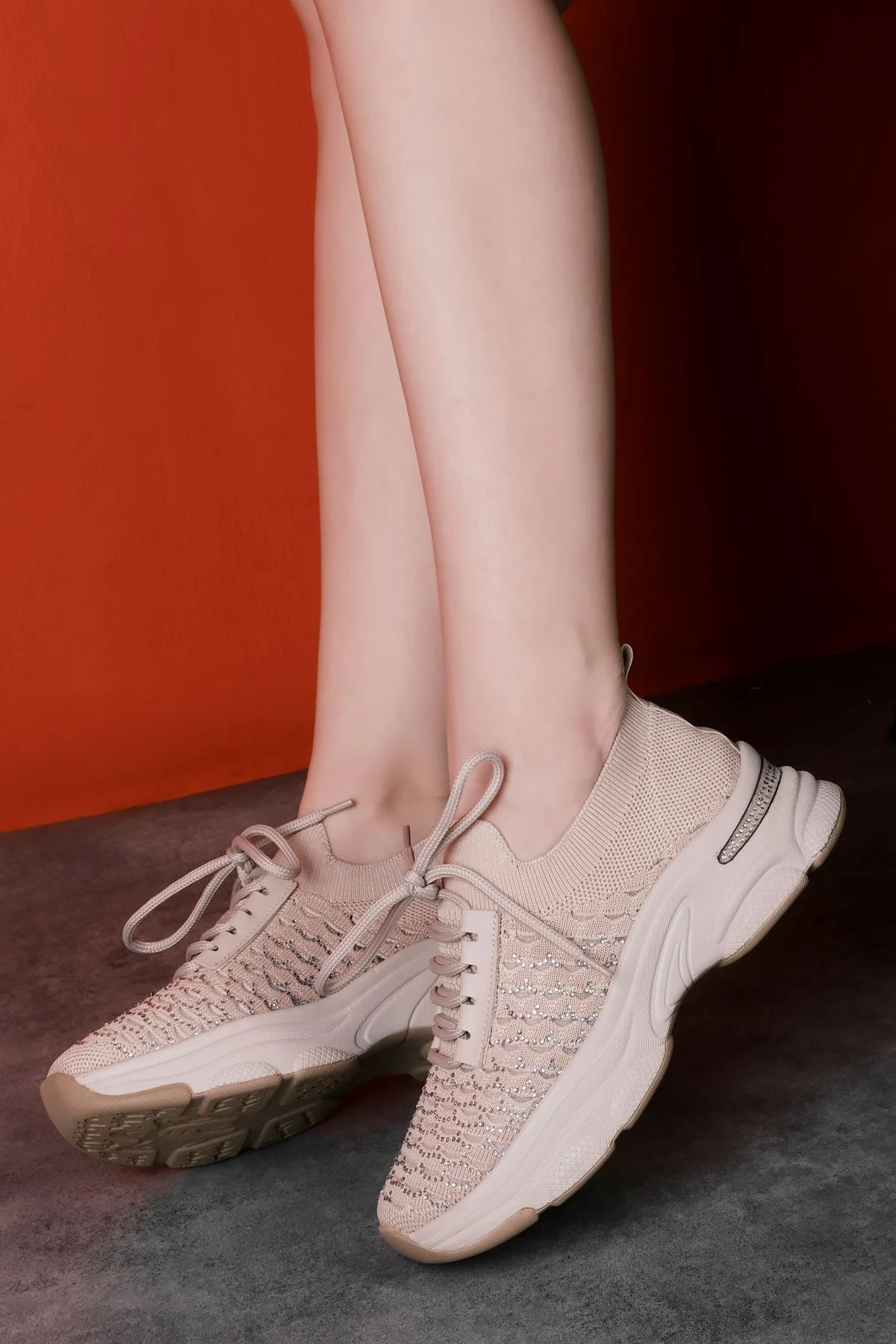 Nylon Kadın Bağcıklı Taş Detaylı Triko Spor Ayakkbı 3727 - VİZYON