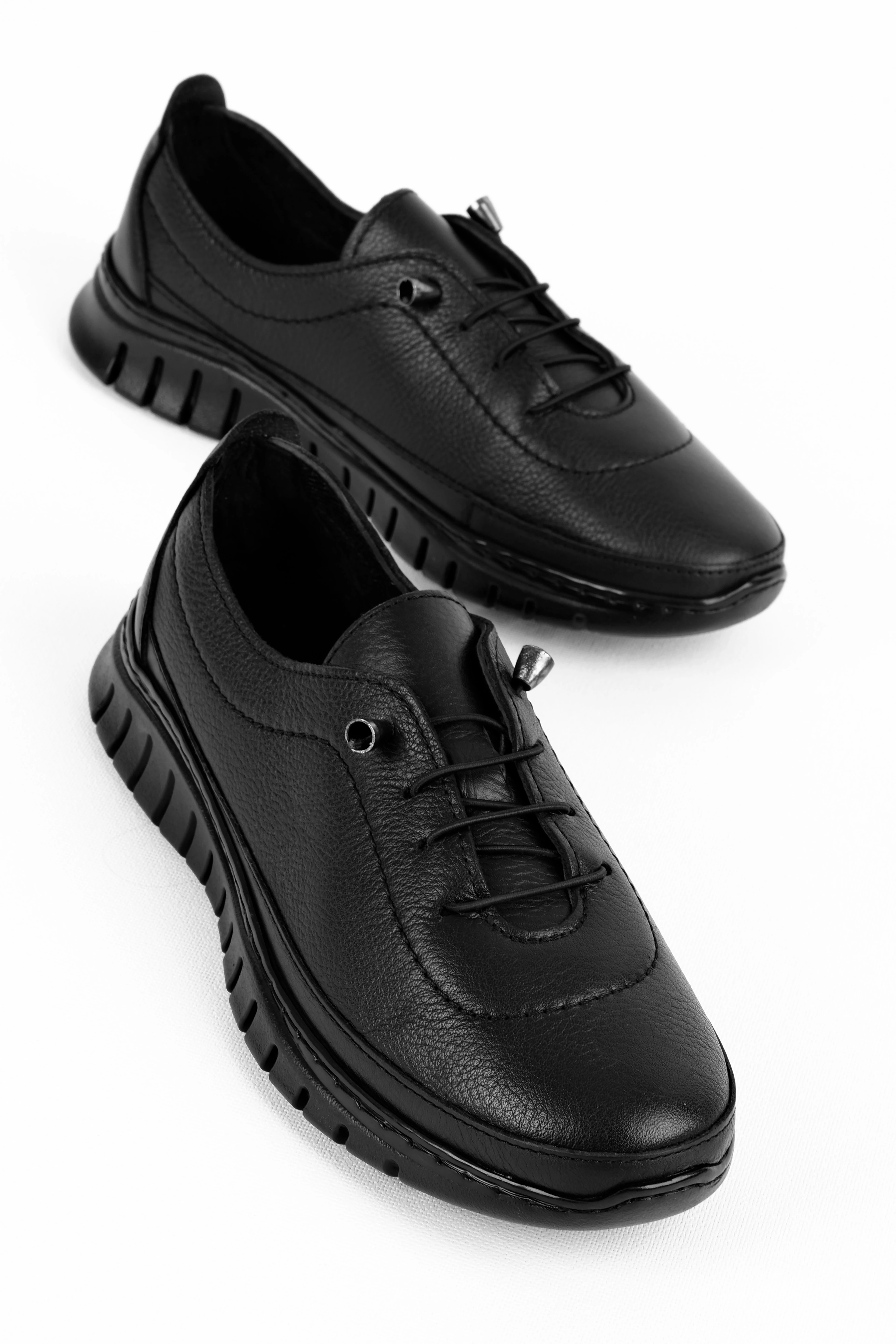 İmpair Kadın Hakiki Deri Lastik Bağcıklı Dikiş Detaylı Günlük Ayakkabı 4290 - SİYAH