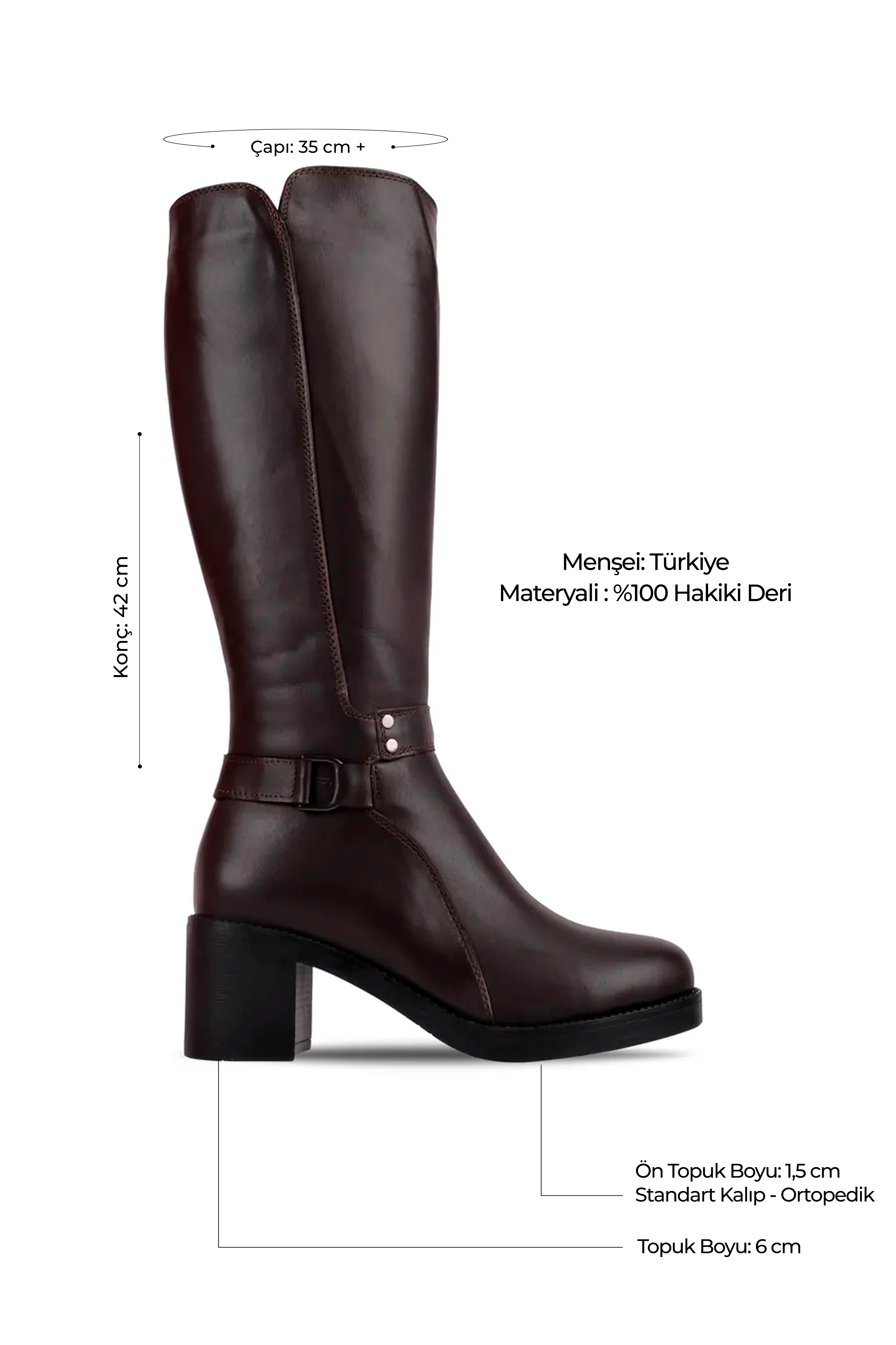 Overdo Kadın Hakiki Deri Kemer Toka Detaylı Fermuarlı Topuklu Çizme 4260 - KAHVERENGİ
