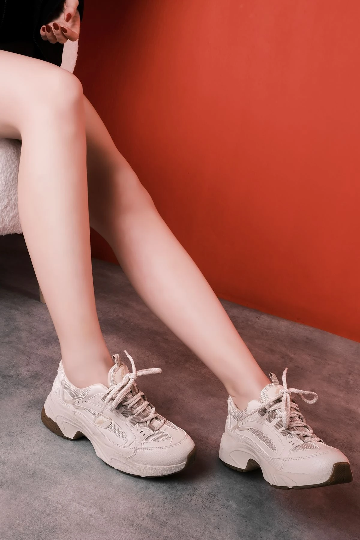 Movie Kadın Bağcıklı Yüksek Topuklu Spor Ayakkabı 3751 - Krem