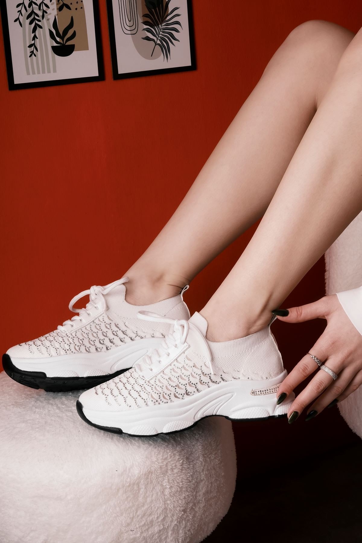 Nylon Kadın Bağcıklı Taş Detaylı Triko Spor Ayakkbı