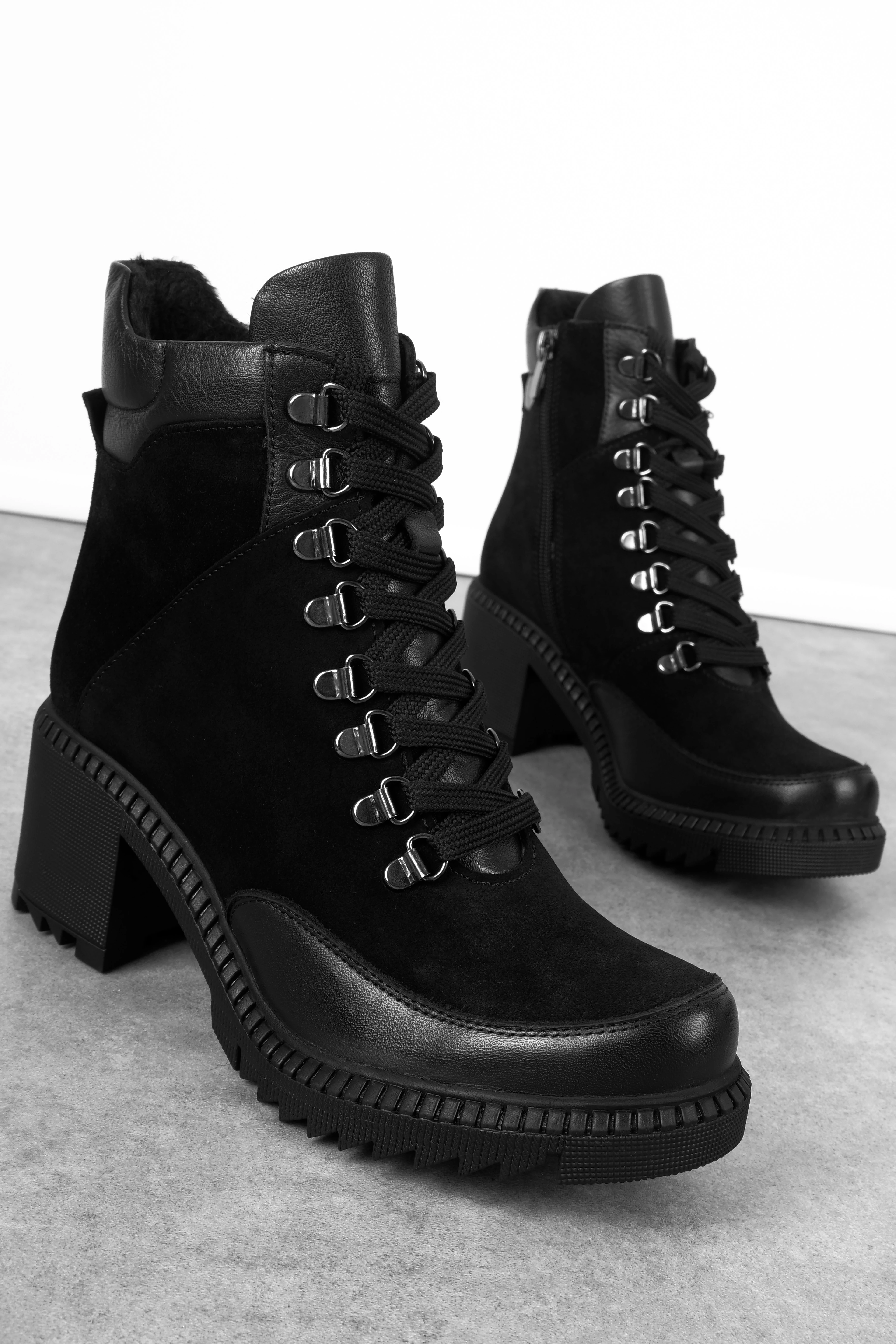 Balder Kadın Hakiki deri Bağcık Detaylı Fermuarlı Topuklu Postal(B4156) - S.SİYAH