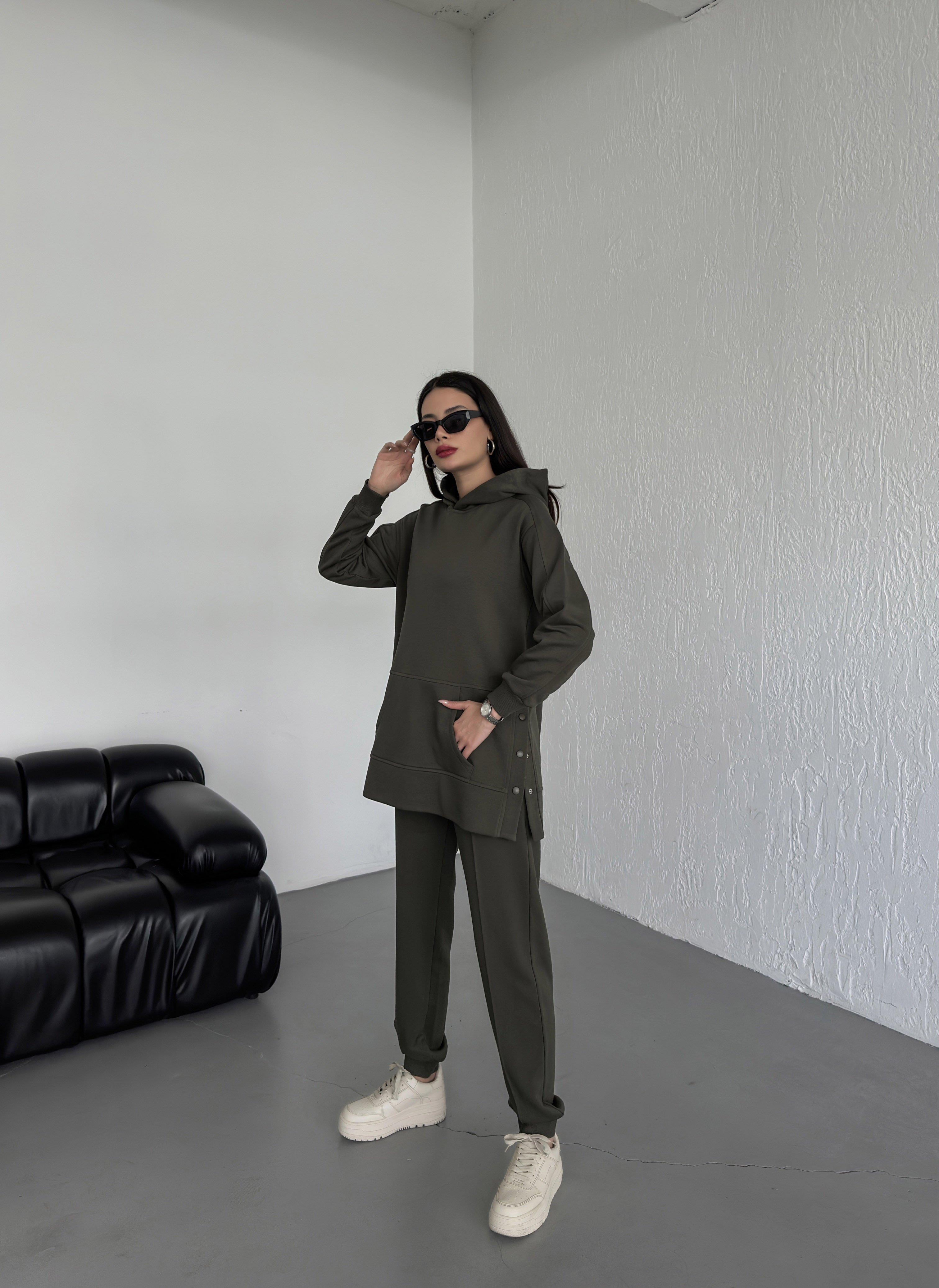 Pueril Yandan Çıtçıtlı Eşofman Takımı Şardonsuz - YEŞİL