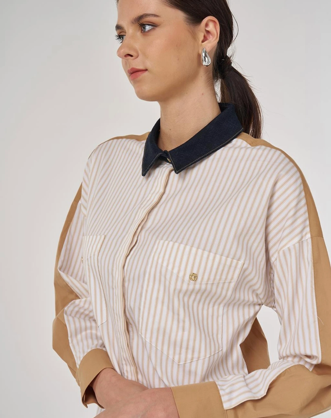 Kayra Kot Yakalı Renk Bloklu Pamuk Gömlek 21013