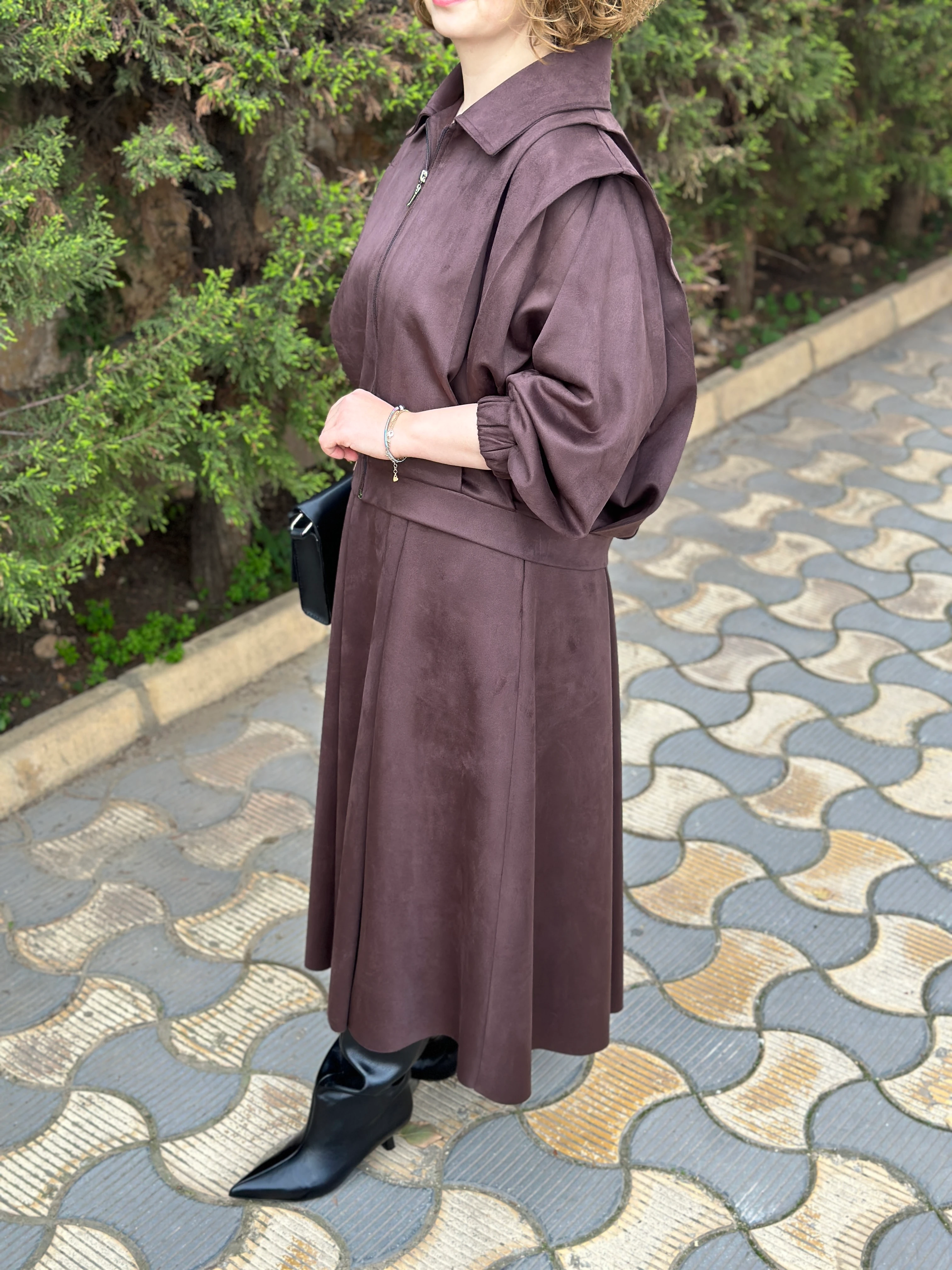 Noi Süet Omuzdan Pileli Fermuarlı Ceket Etek 65337