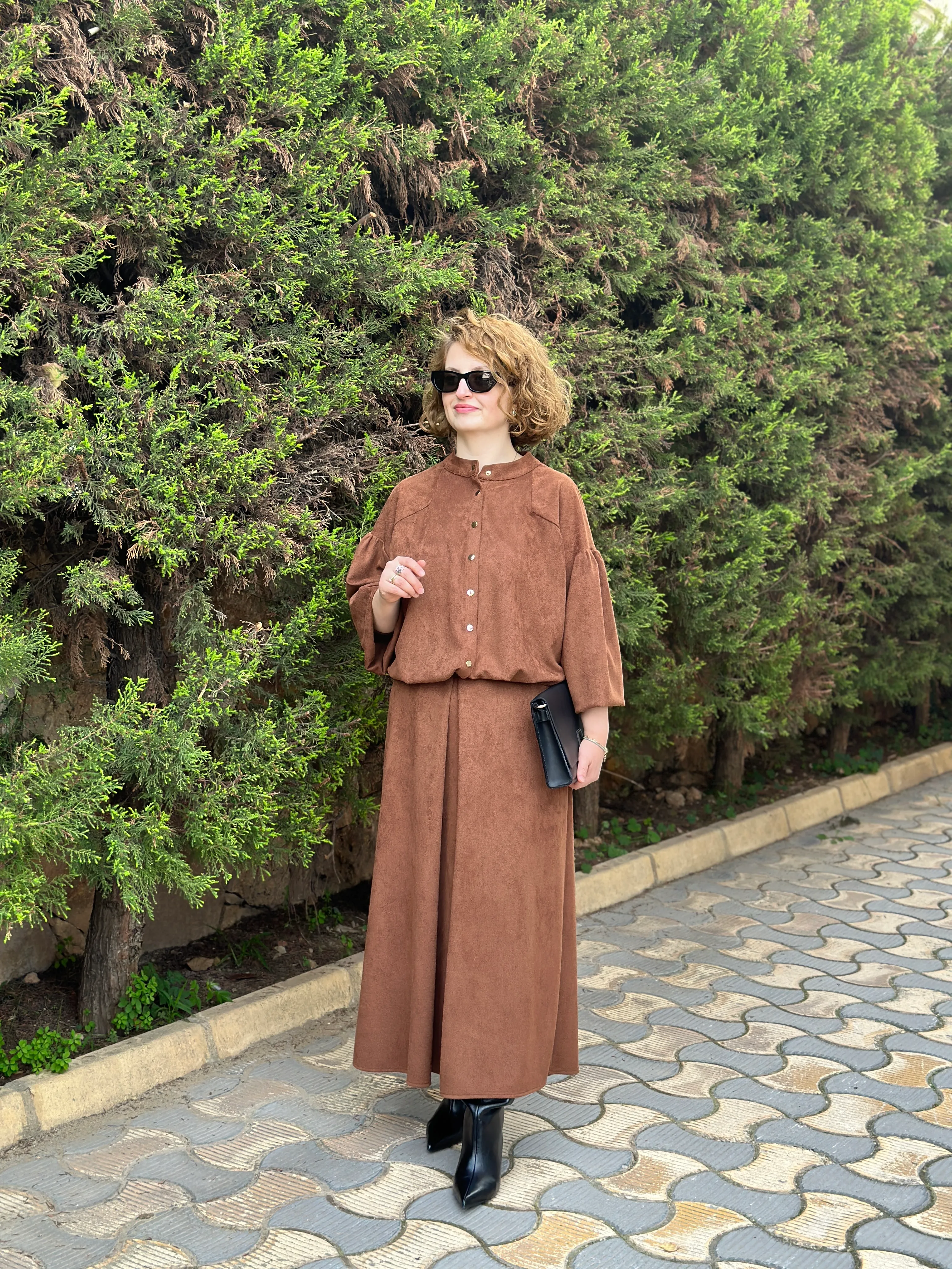 Noi İnci Fittilli Kadife Gömlek Ceket Etek Takım  65335