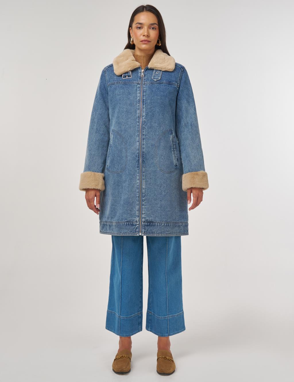 Kayra Kürk Yakalı Denim Mont Mavi 27355