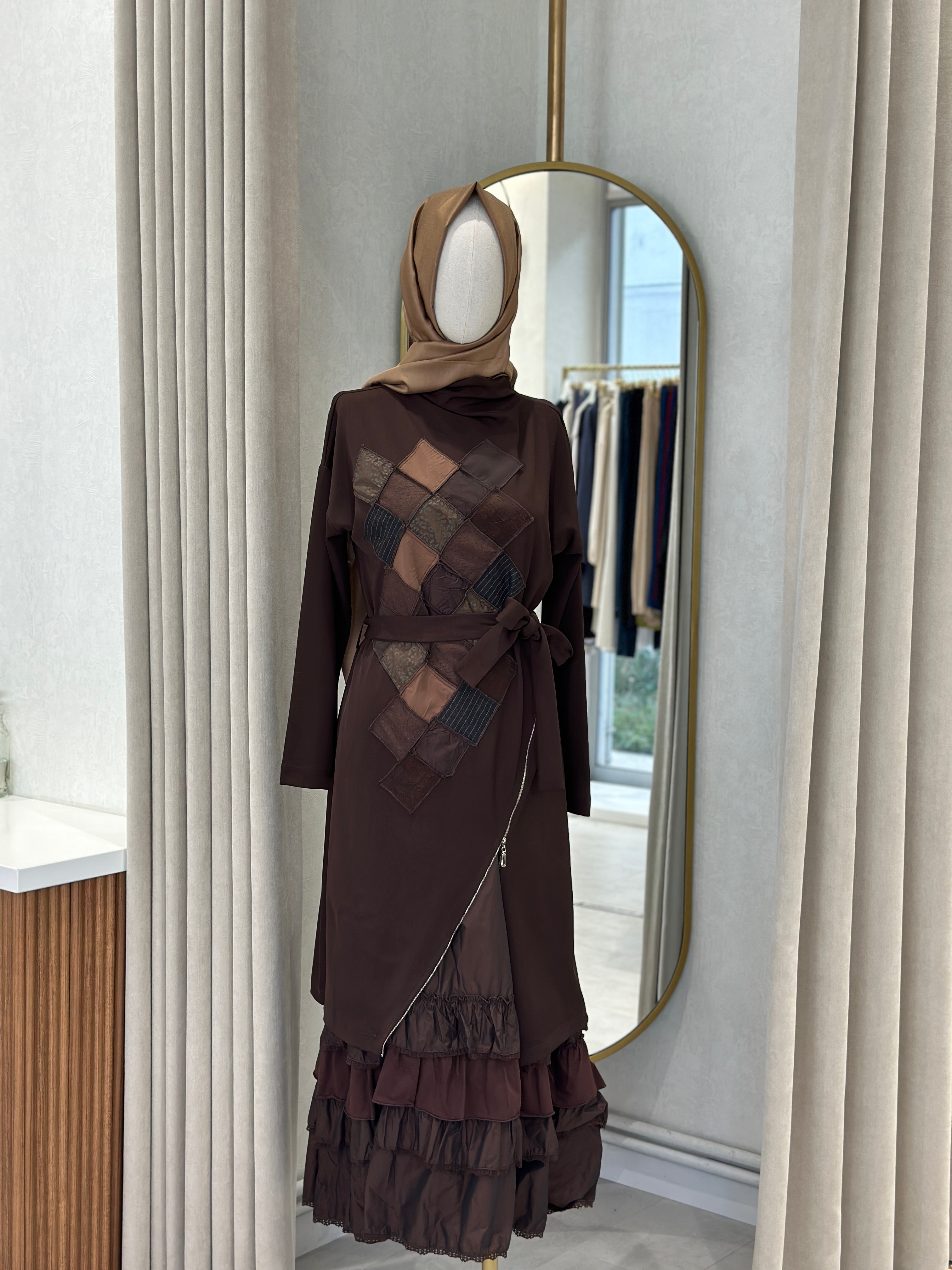 Misswhence Patchwork İkili Elbise 38808 - KAHVERENGİ