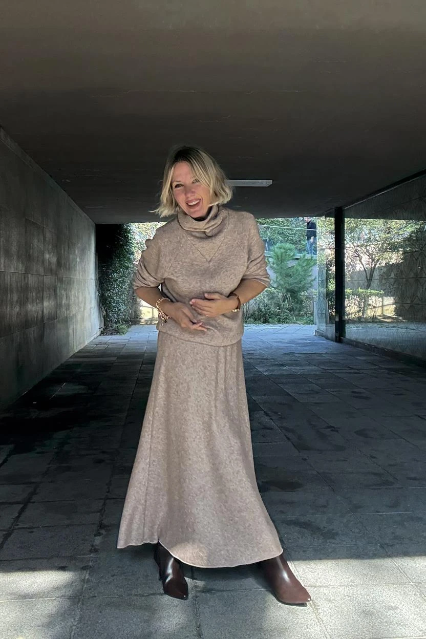 Noi Triko Angora Üçgen Yakalı Bluz Evaze Etek 65161