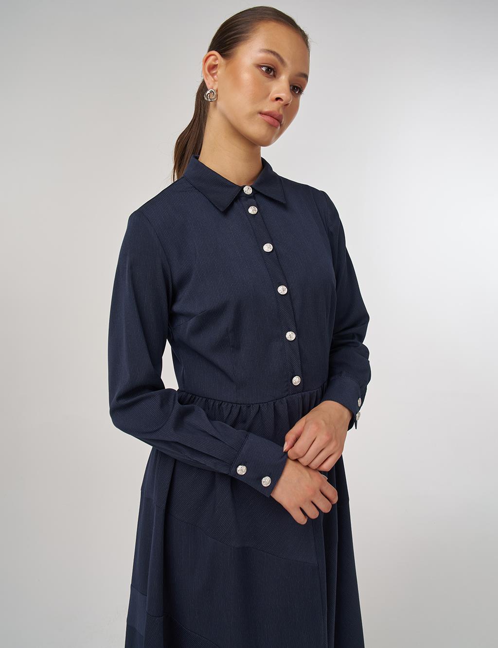 Kayra Düğmeli Taksi Elbise Lacivert 23021