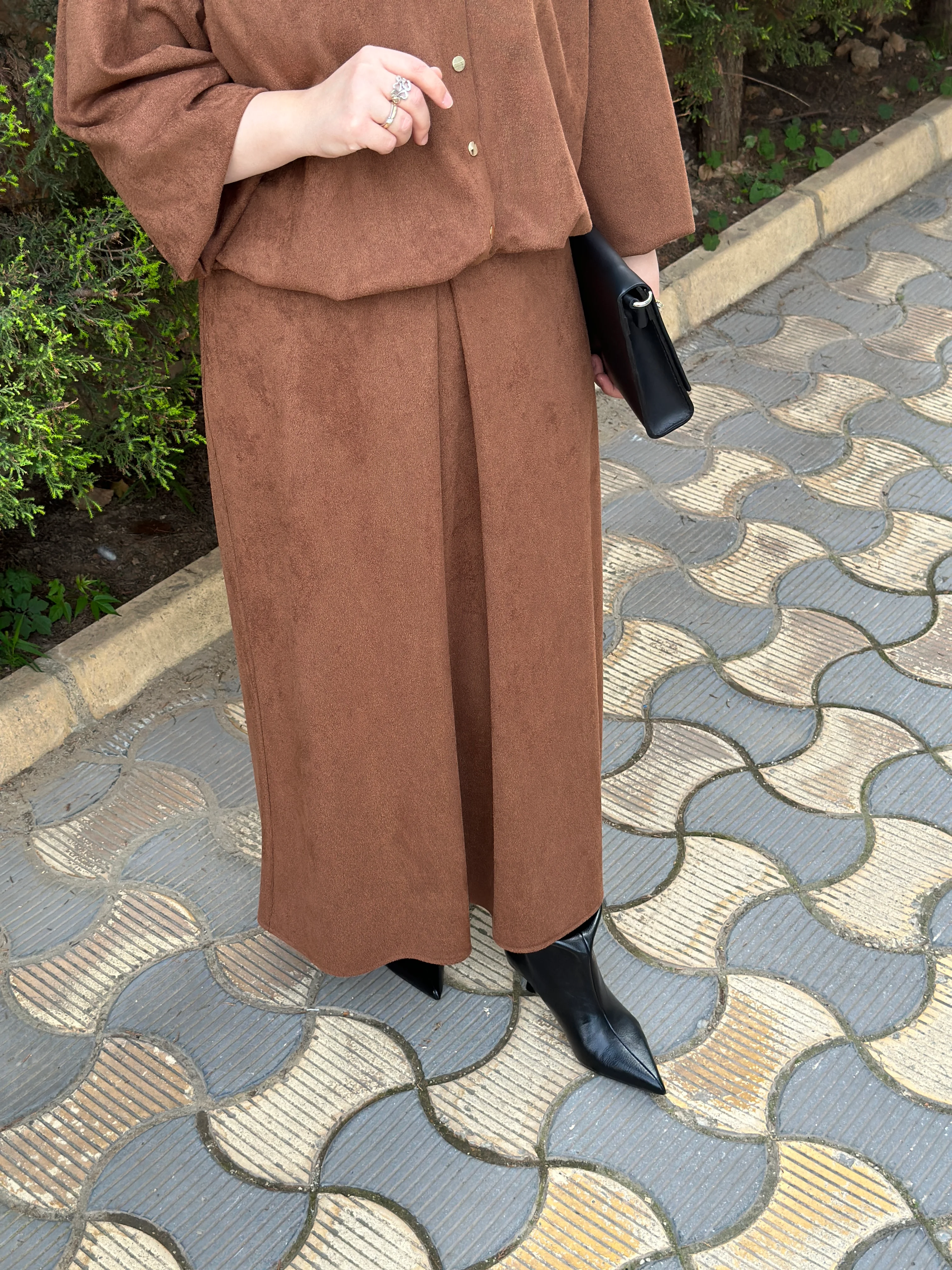 Noi İnci Fittilli Kadife Gömlek Ceket Etek Takım  65335