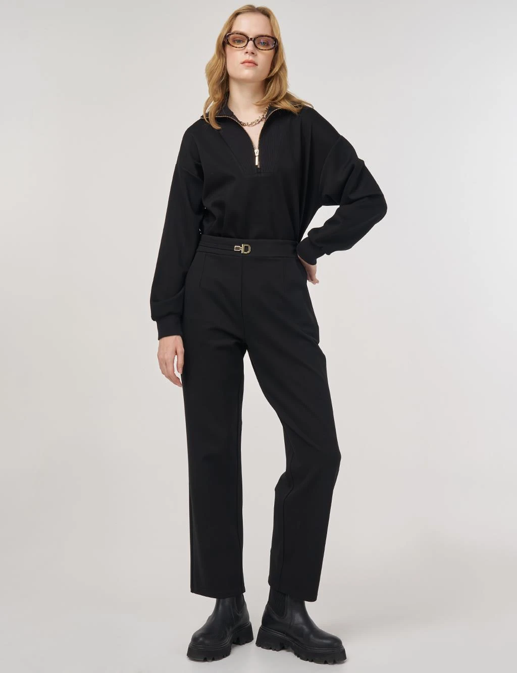 Kayra Metal Tokalı Boru Paça Pantolon Siyah 19010