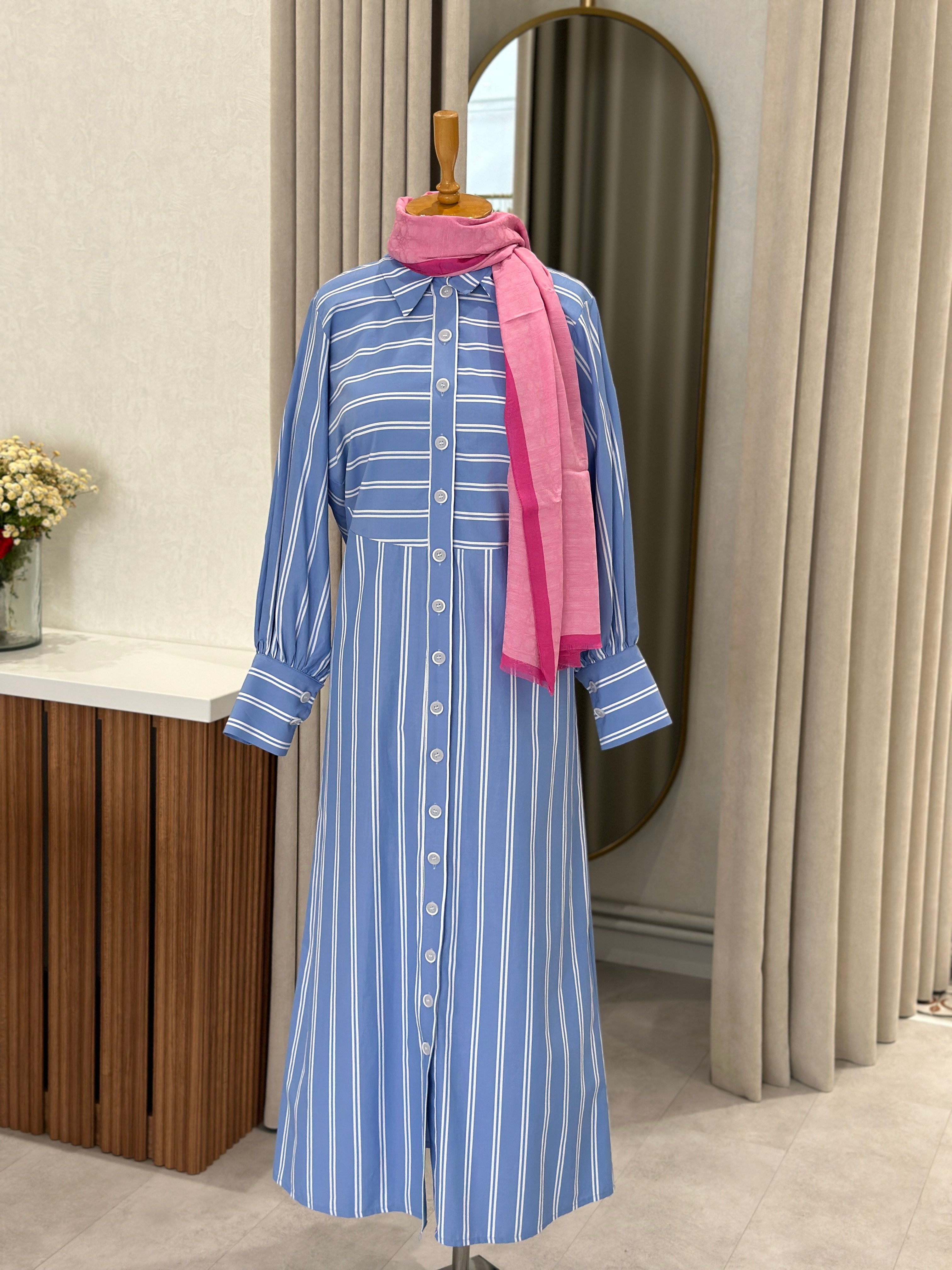 Noi En Boy Çizgili Viskon Cotton Gömlek Elbise 75266