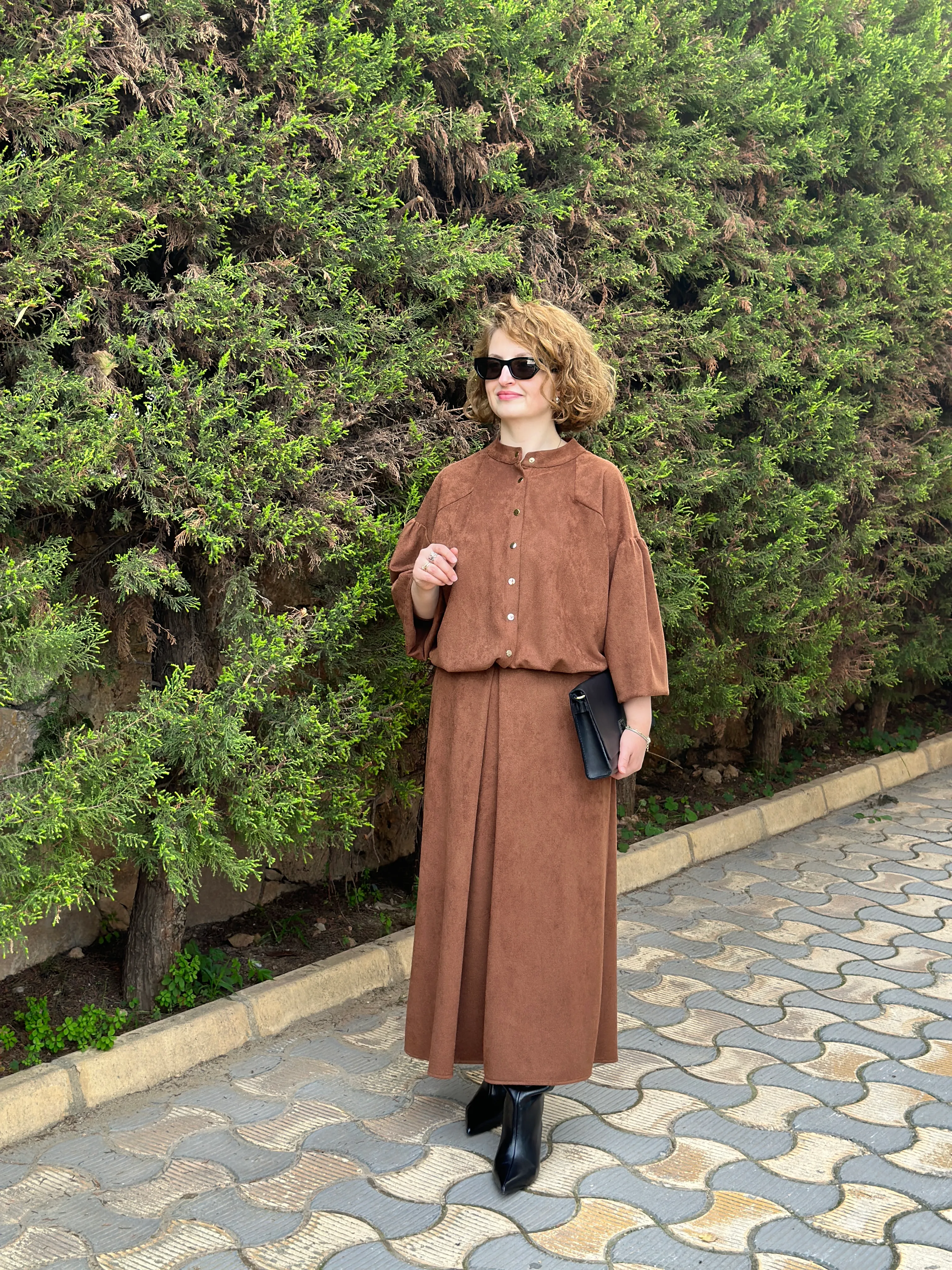 Noi İnci Fittilli Kadife Gömlek Ceket Etek Takım  65335