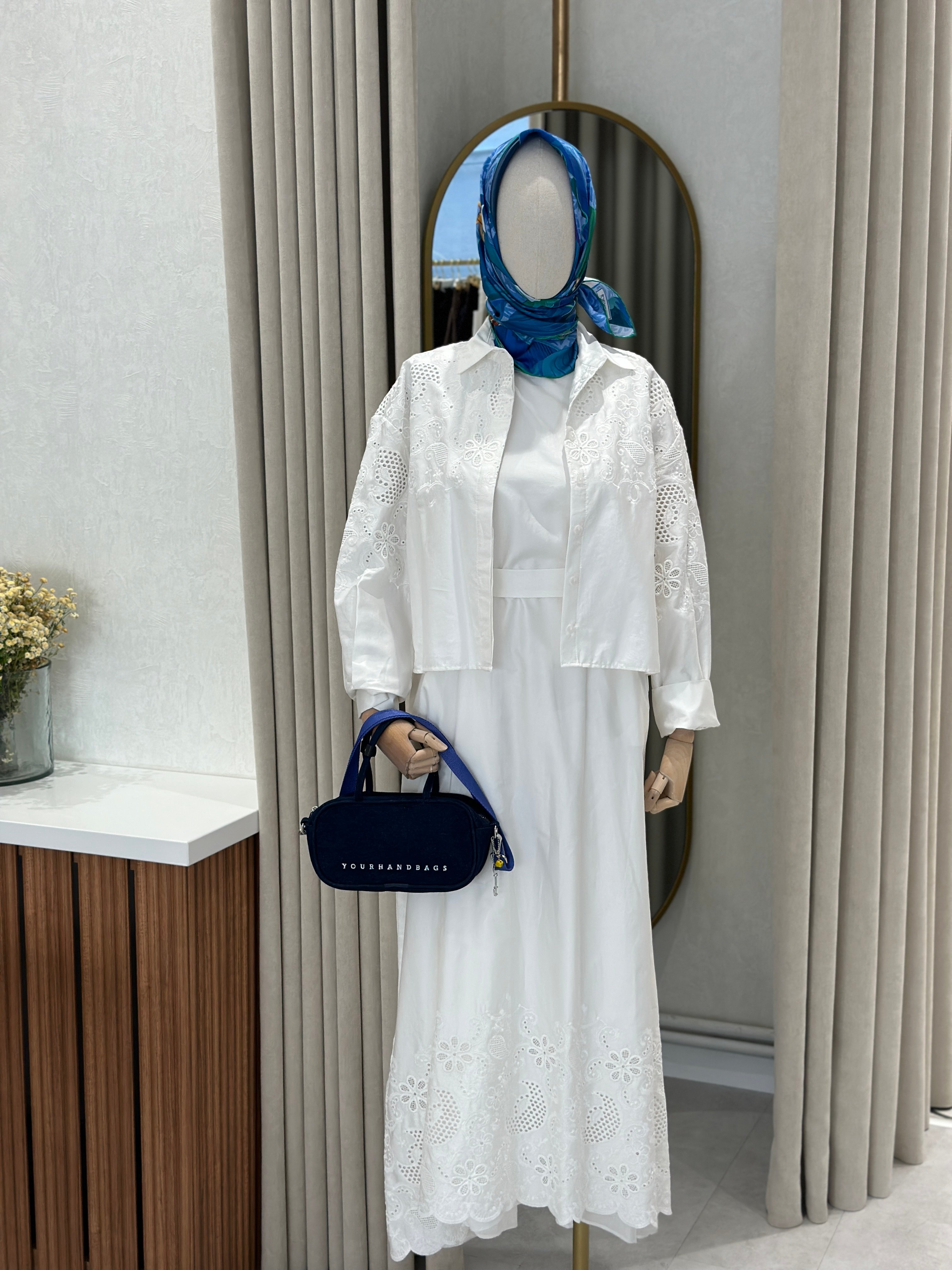 Terzi Dükkanı Dora %100 Cotton BRODE Kolsuz Elbise Gömlek Takım 3047