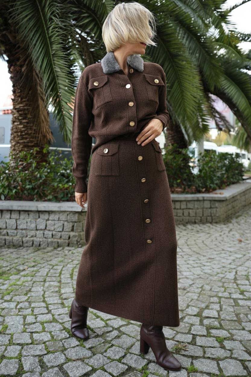 Noi Yakası Kürklü Hırka ve Etekli Takım 24036