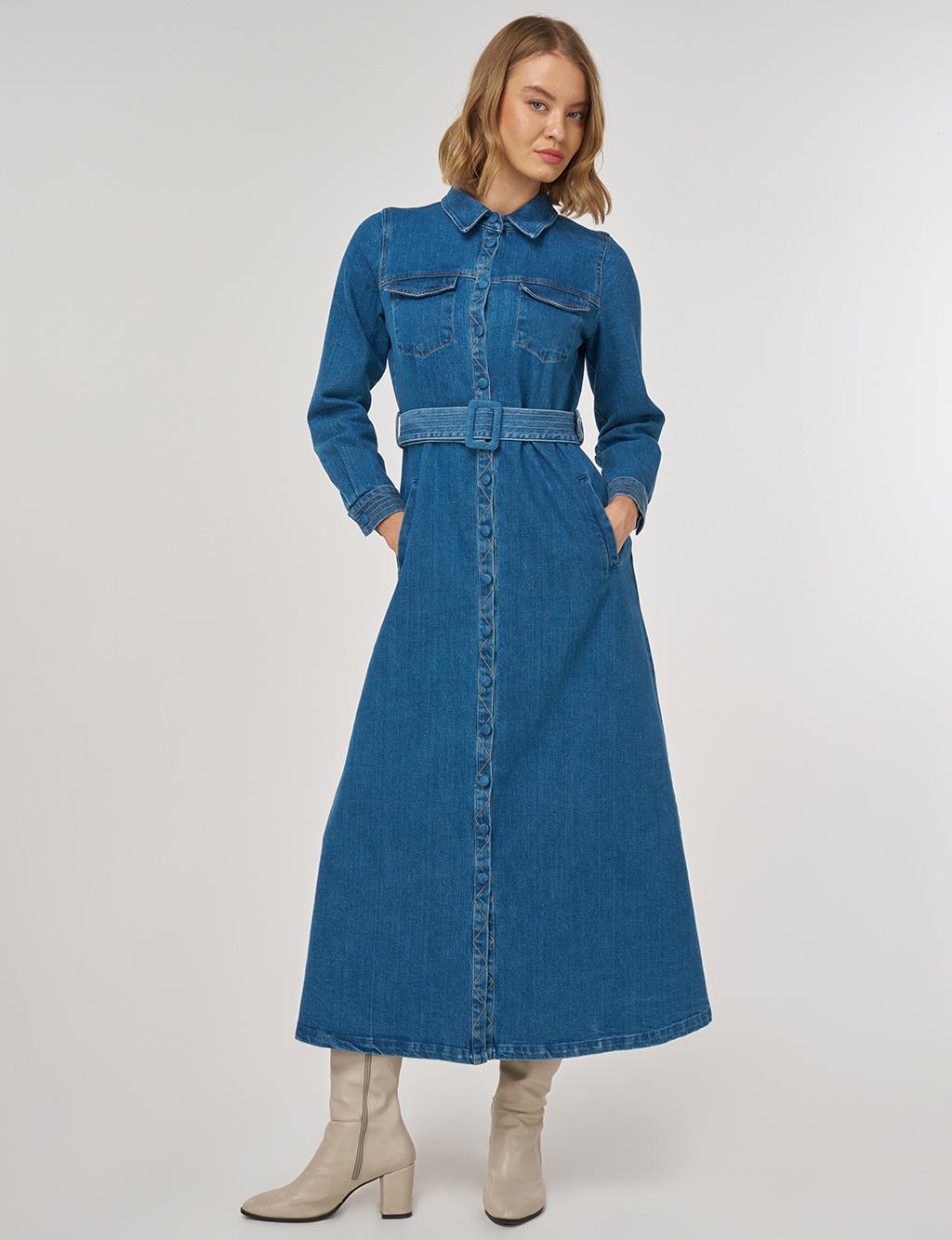 Kayra Kemer Detaylı Denim Elbise 23005