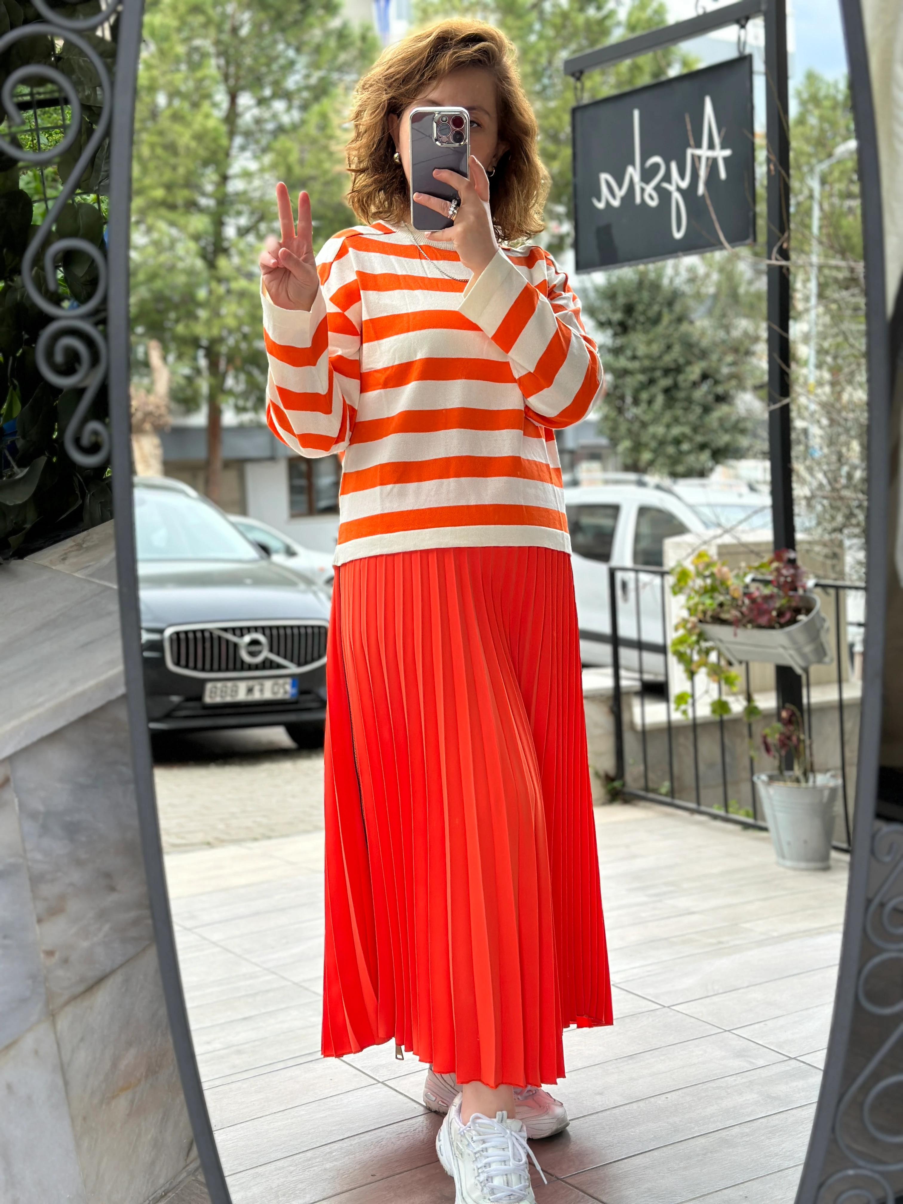 Niqozza Noire Çizgili Triko Kazak 20027 - TURUNCU BEJ