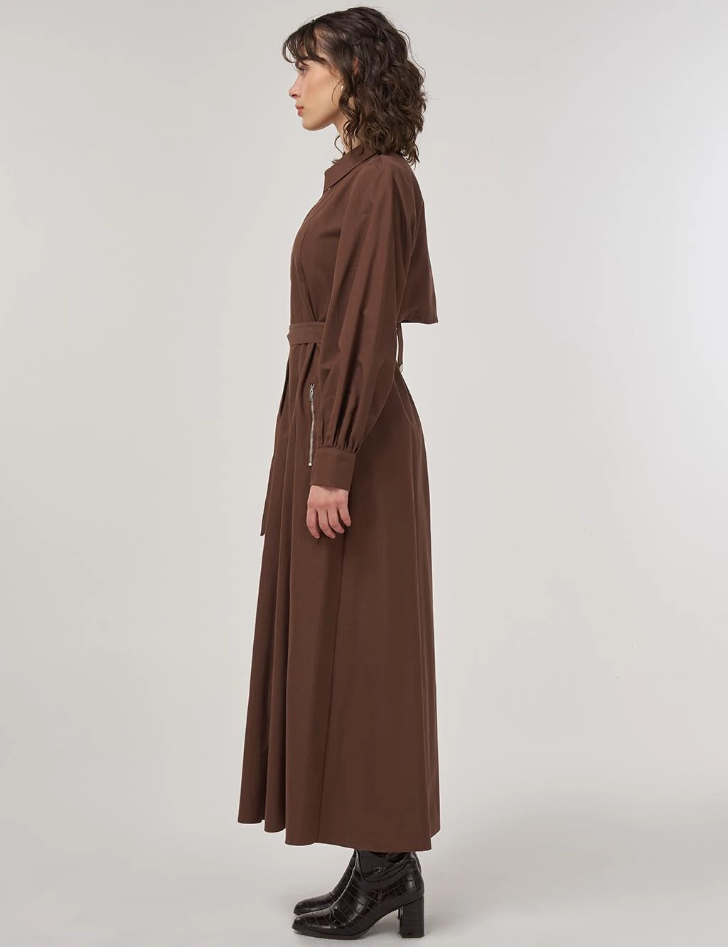 Kayra Kuşaklı Gömlek Elbise Kakao 83014