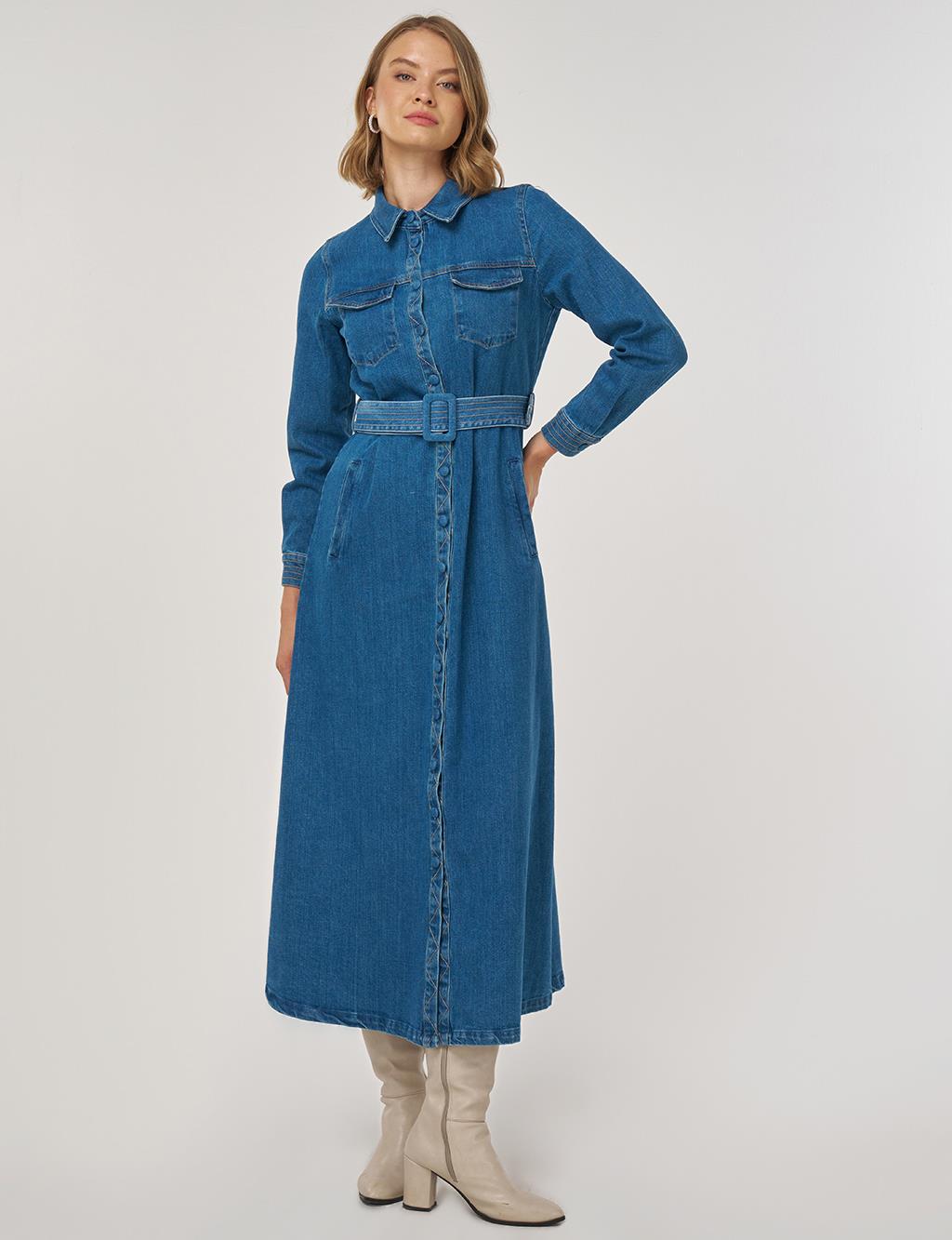 Kayra Kemer Detaylı Denim Elbise 23005