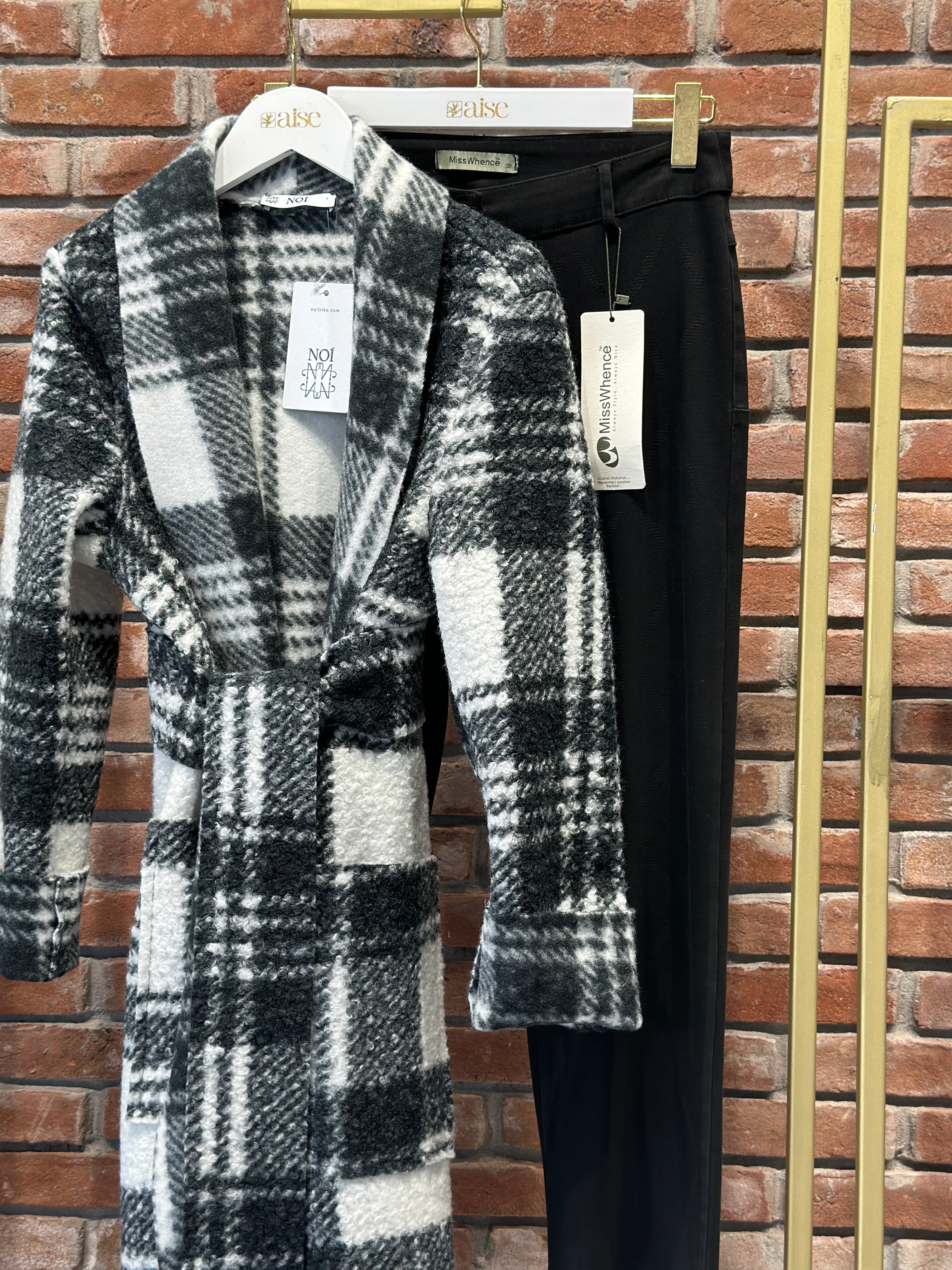 Noi Ekose Yün Viskon Cepli Şal Yaka Kaban 65318