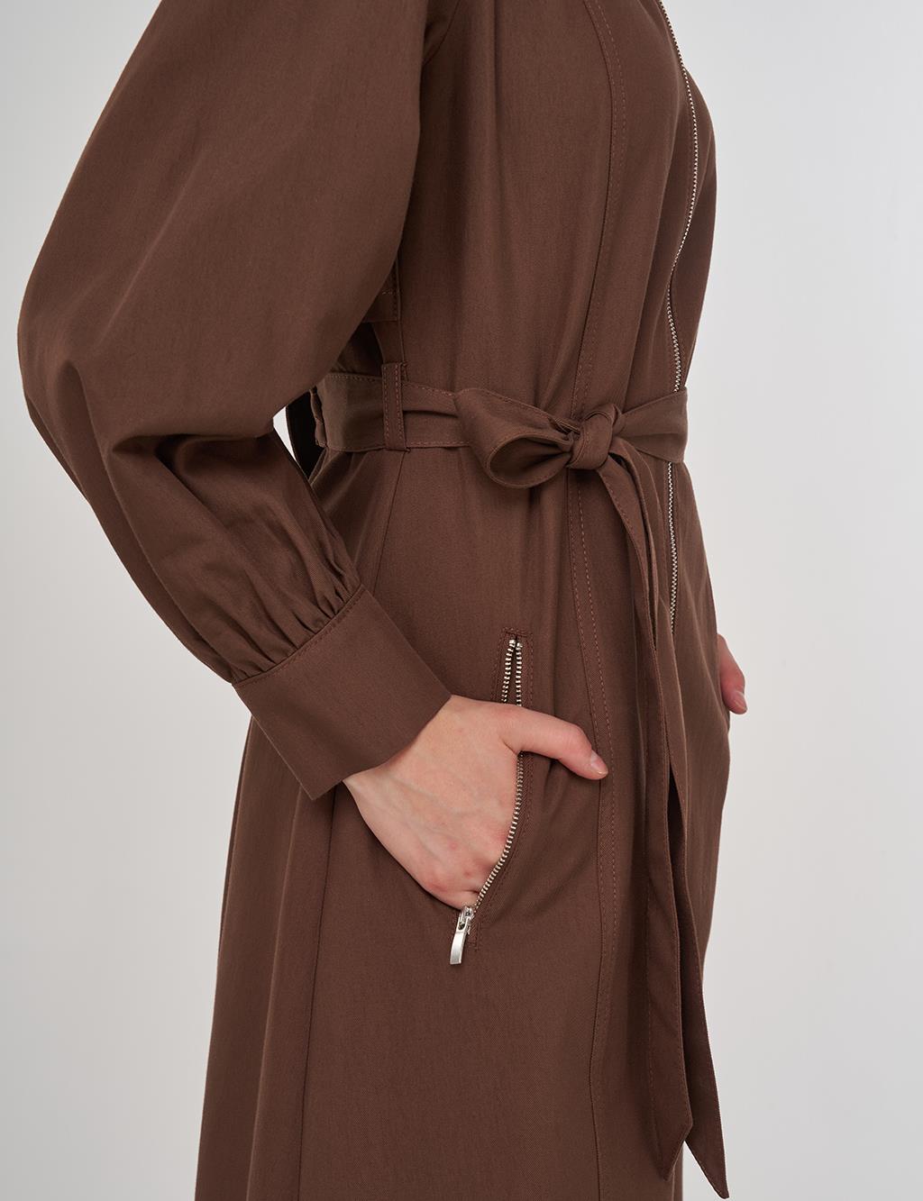Kayra Kuşaklı Gömlek Elbise Kakao 83014