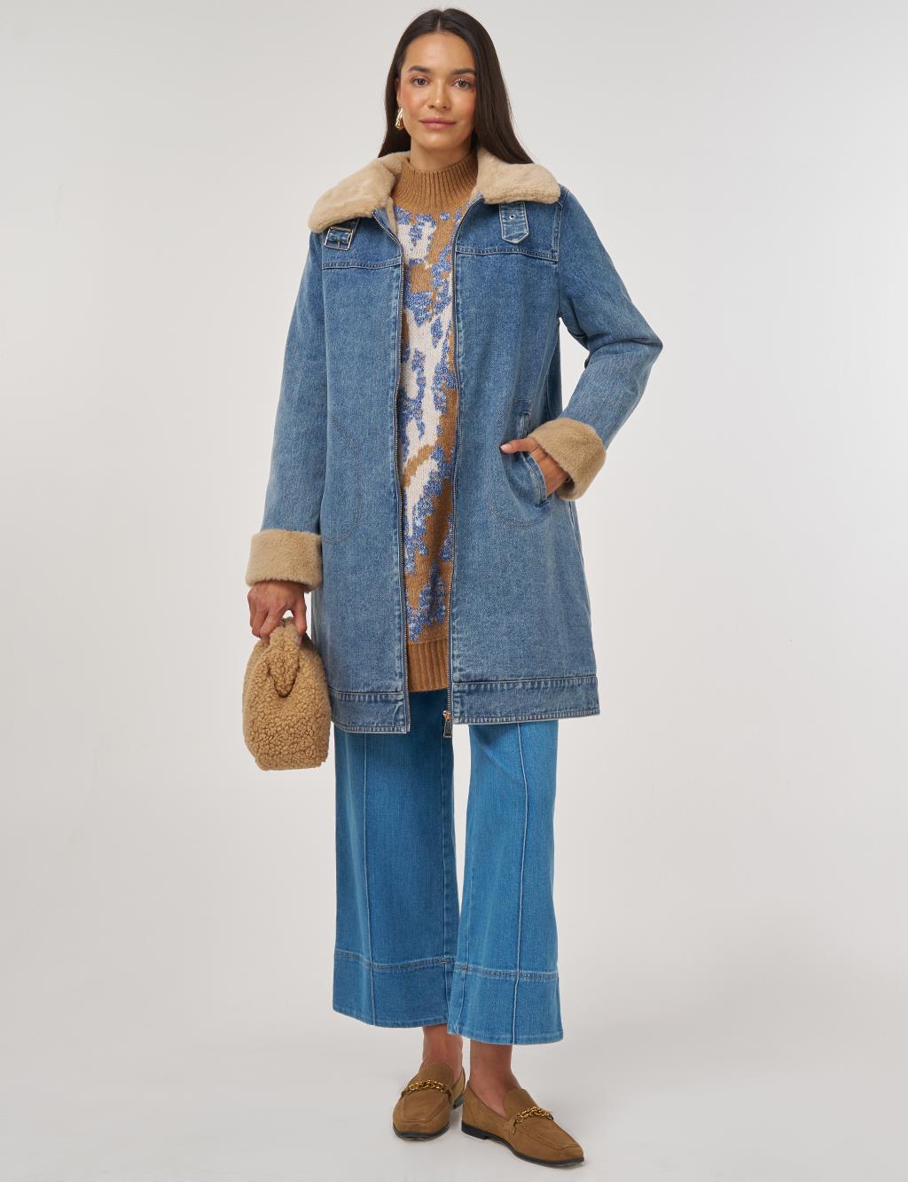 Kayra Kürk Yakalı Denim Mont Mavi 27355