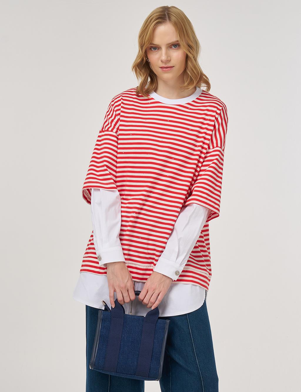 Kayra %100 Pamuklu Gömlek Detaylı Sweatshirt Kırmızı 31006
