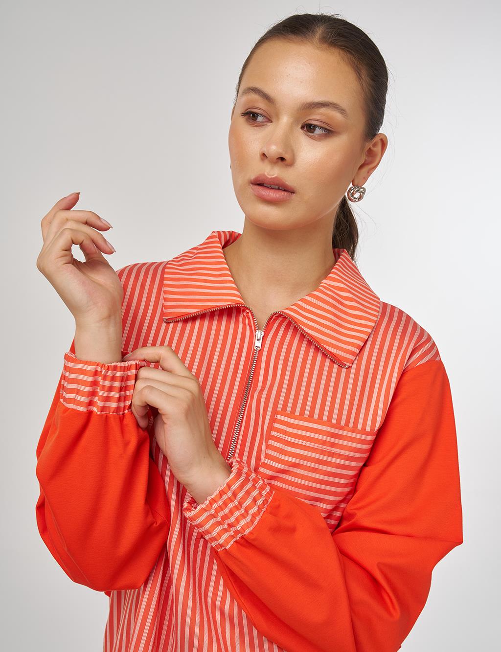Kayra Fermuar Kapama Cepli Çizgi Desen Tunik Mercan 81022