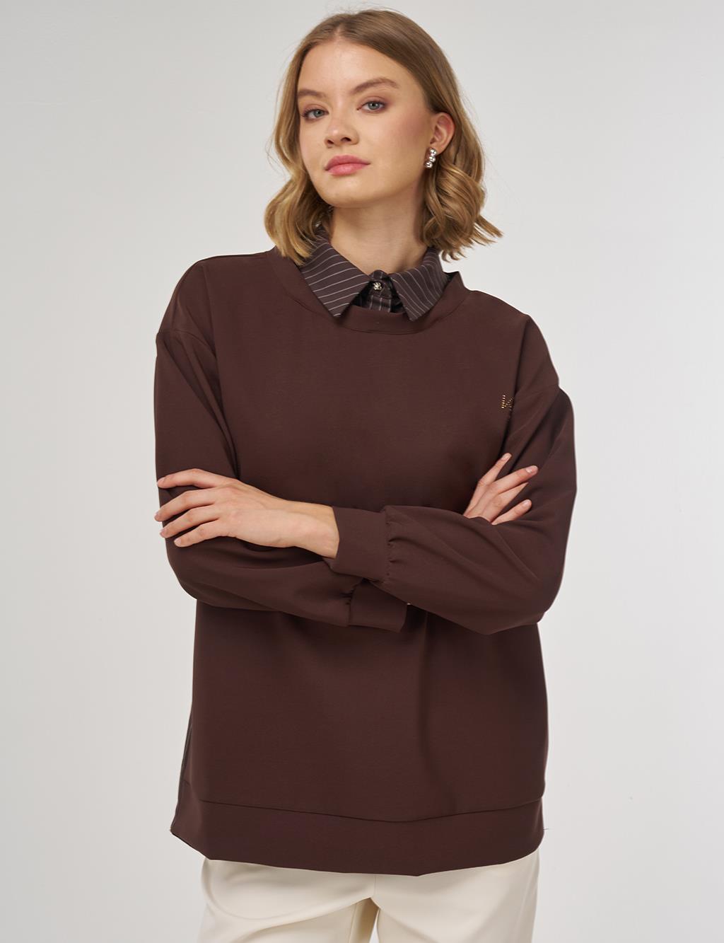 Kayra Gömlek Detaylı Sweatshirt Koyu Kahve 70022