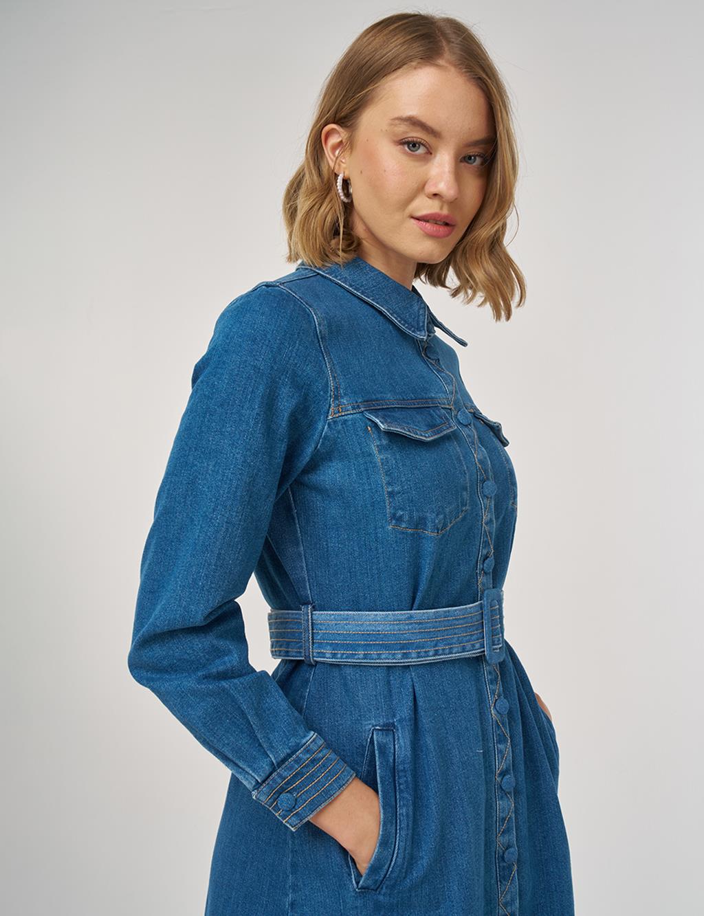 Kayra Kemer Detaylı Denim Elbise 23005