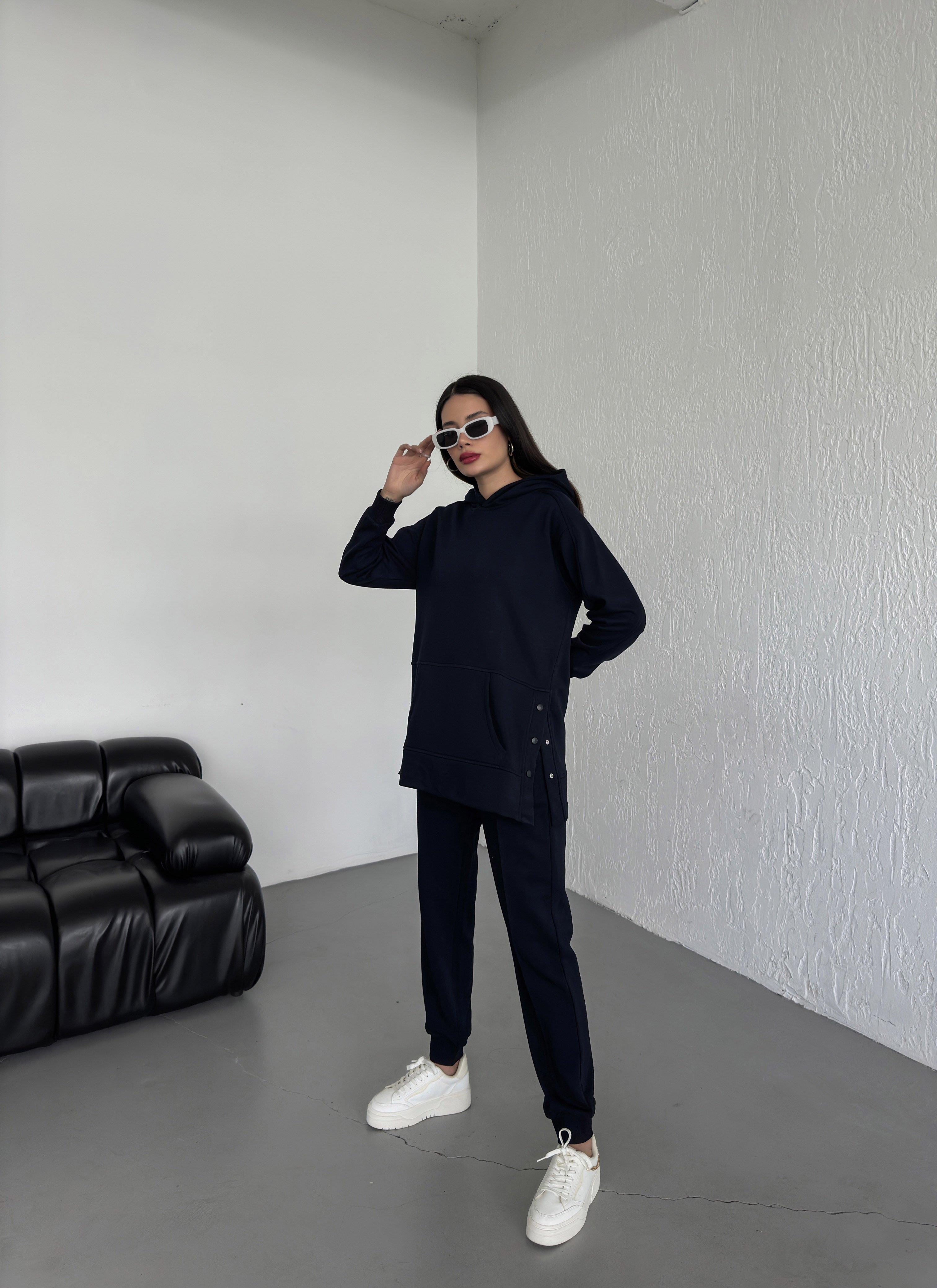 Pueril Yandan Çıtçıtlı Eşofman Takımı Şardonsuz - LACİVERT