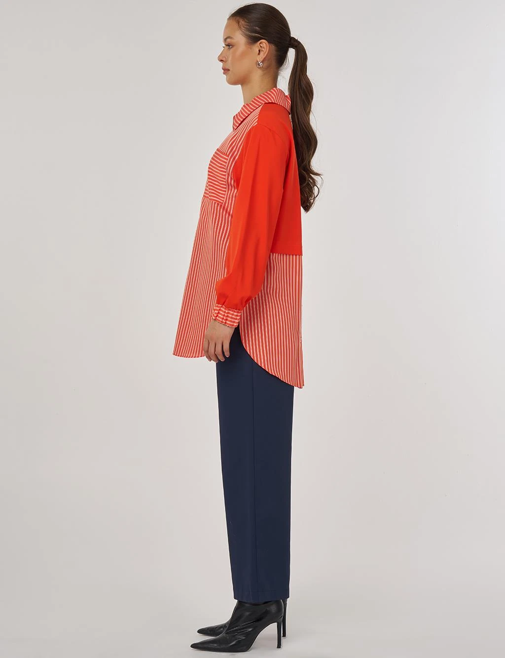 Kayra Fermuar Kapama Cepli Çizgi Desen Tunik Mercan 81022