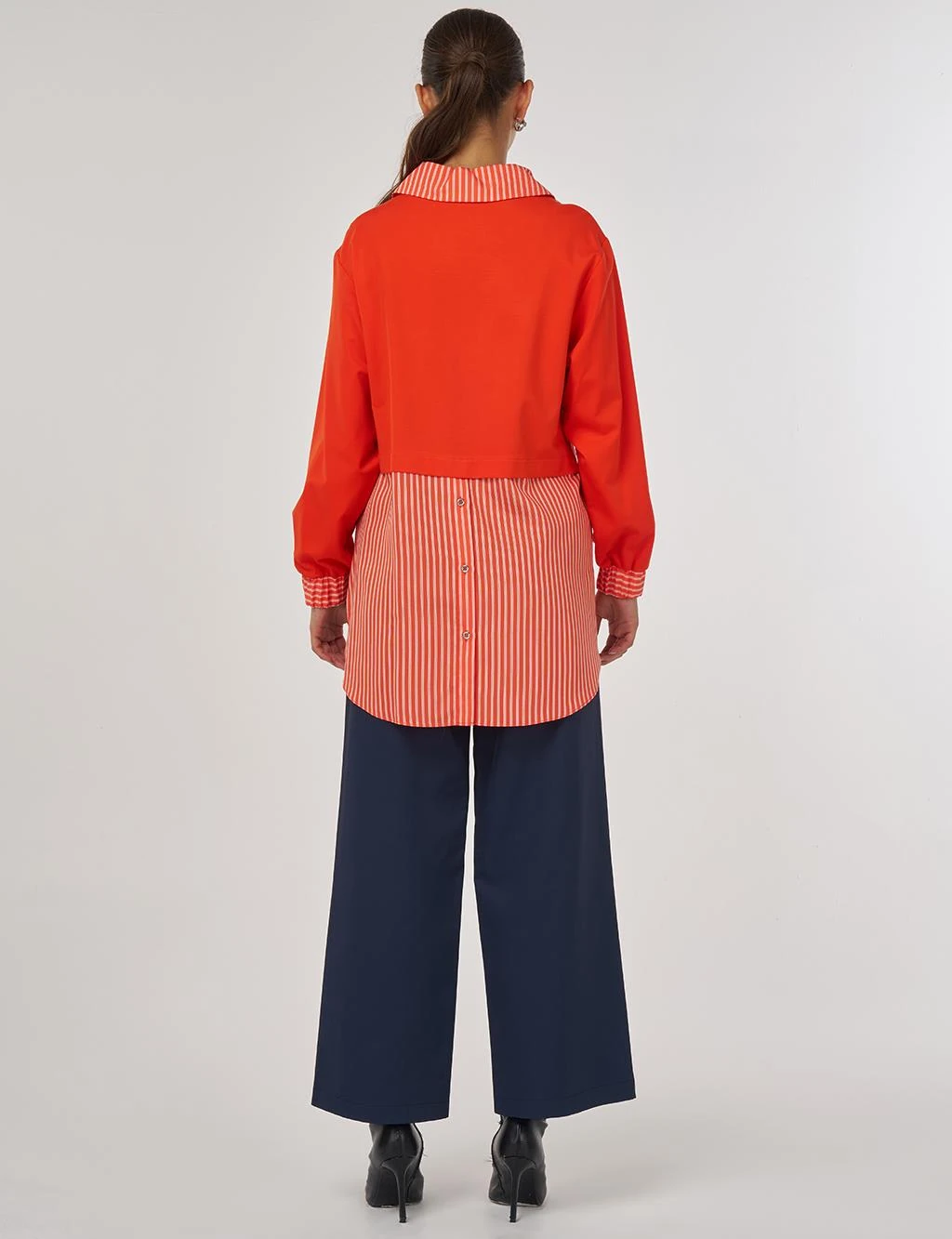 Kayra Fermuar Kapama Cepli Çizgi Desen Tunik Mercan 81022