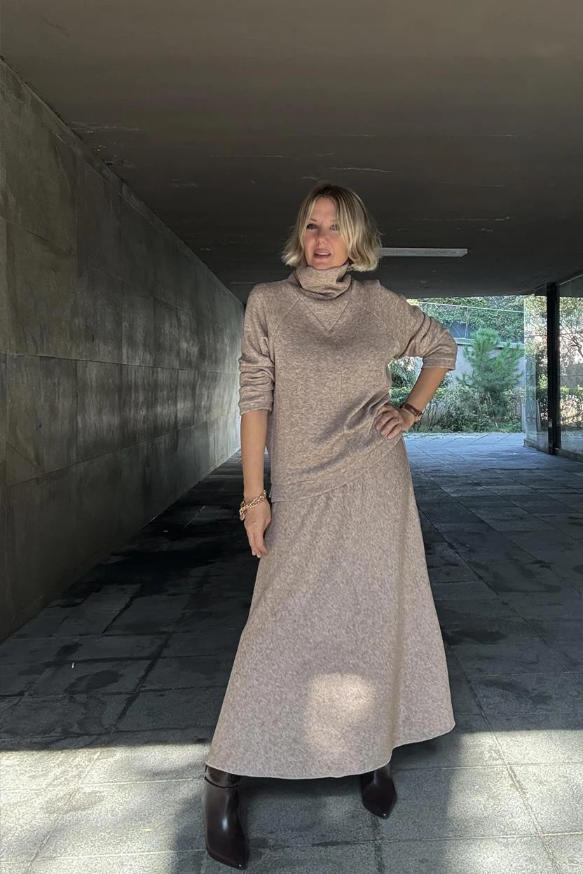 Noi Triko Angora Üçgen Yakalı Bluz Evaze Etek 65161