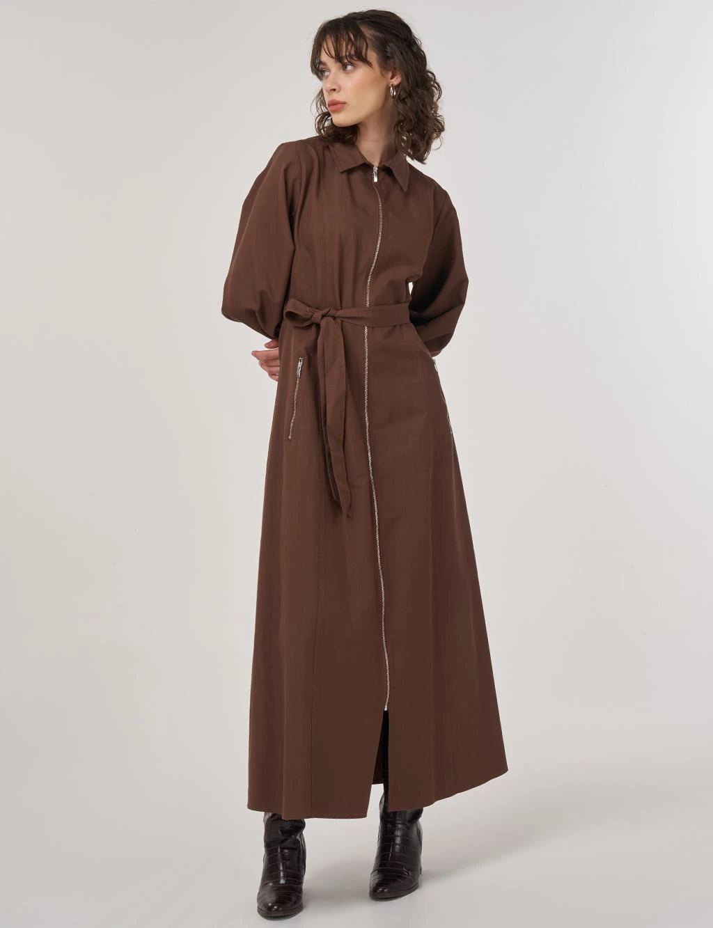 Kayra Kuşaklı Gömlek Elbise Kakao 83014