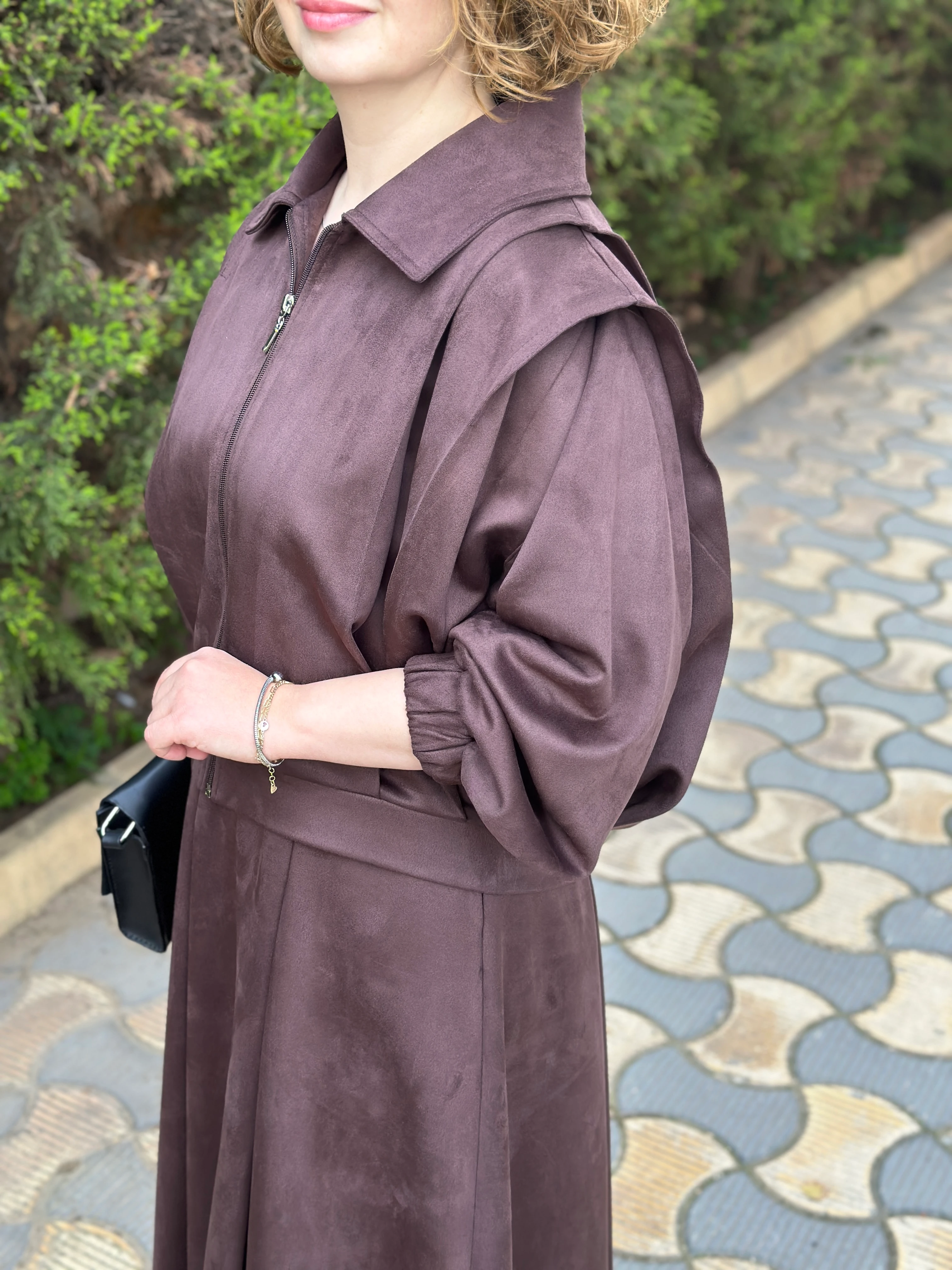 Noi Süet Omuzdan Pileli Fermuarlı Ceket Etek 65337