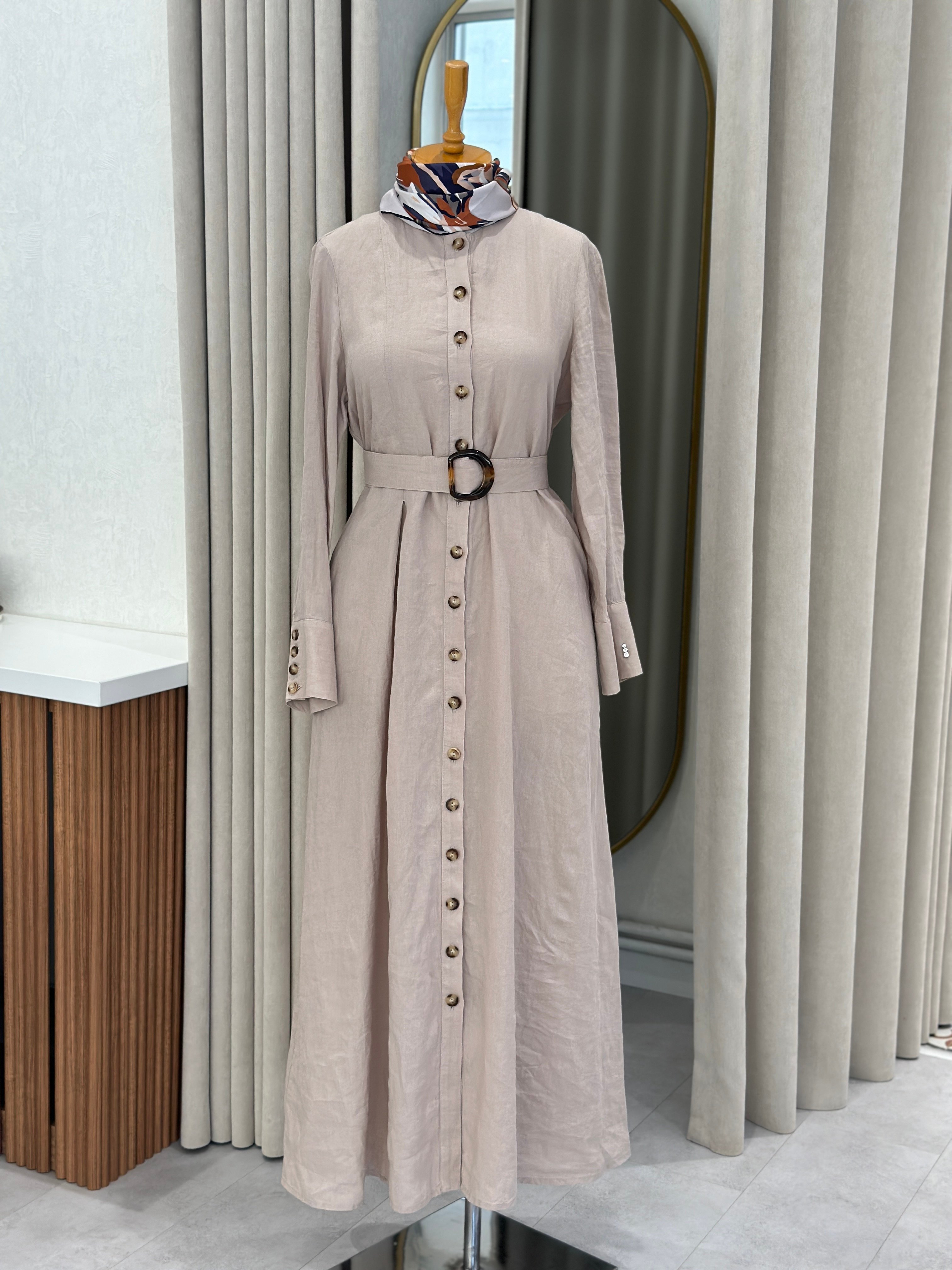 Miss Dalida Beli Kemerli Keten Elbise 8018